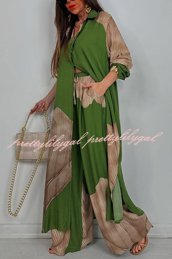 Stylish Printed Casual Loose Long Shirt & Elastic Waist Pocket Wide Leg Pants Set - Women's Comfortable Outfit for Work, Travel and Daily Wear