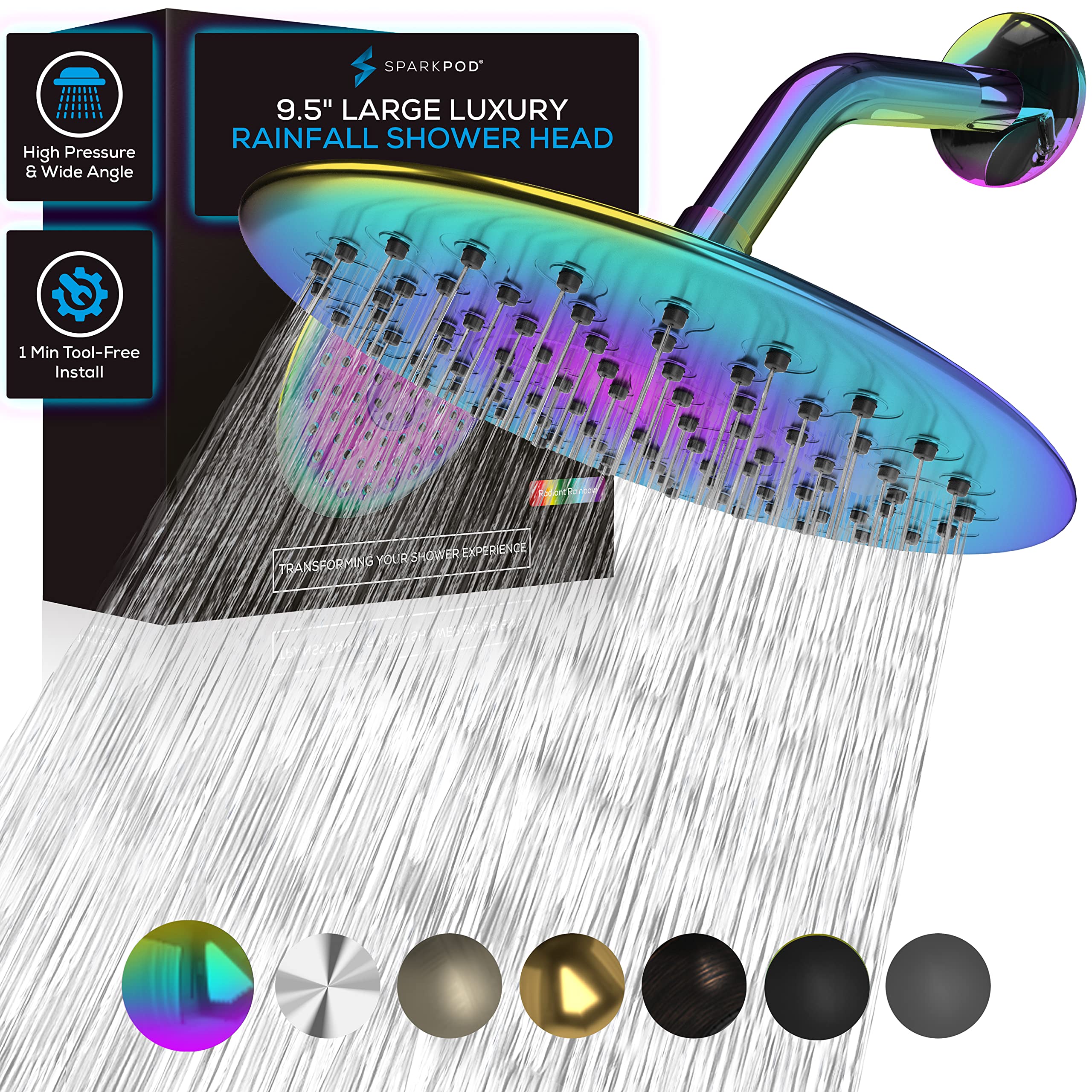 SparkPod 9.5 Inch Large Rain Shower Head - Luxury High Pressure Rainfall Showerhead with Anti-Clog Silicone Nozzles - Full Body Coverage - Easy Install (1/2 NPT, Radiant Rainbow) - Perfect for Spa-Like Bathroom Experience and Relaxing Showers
