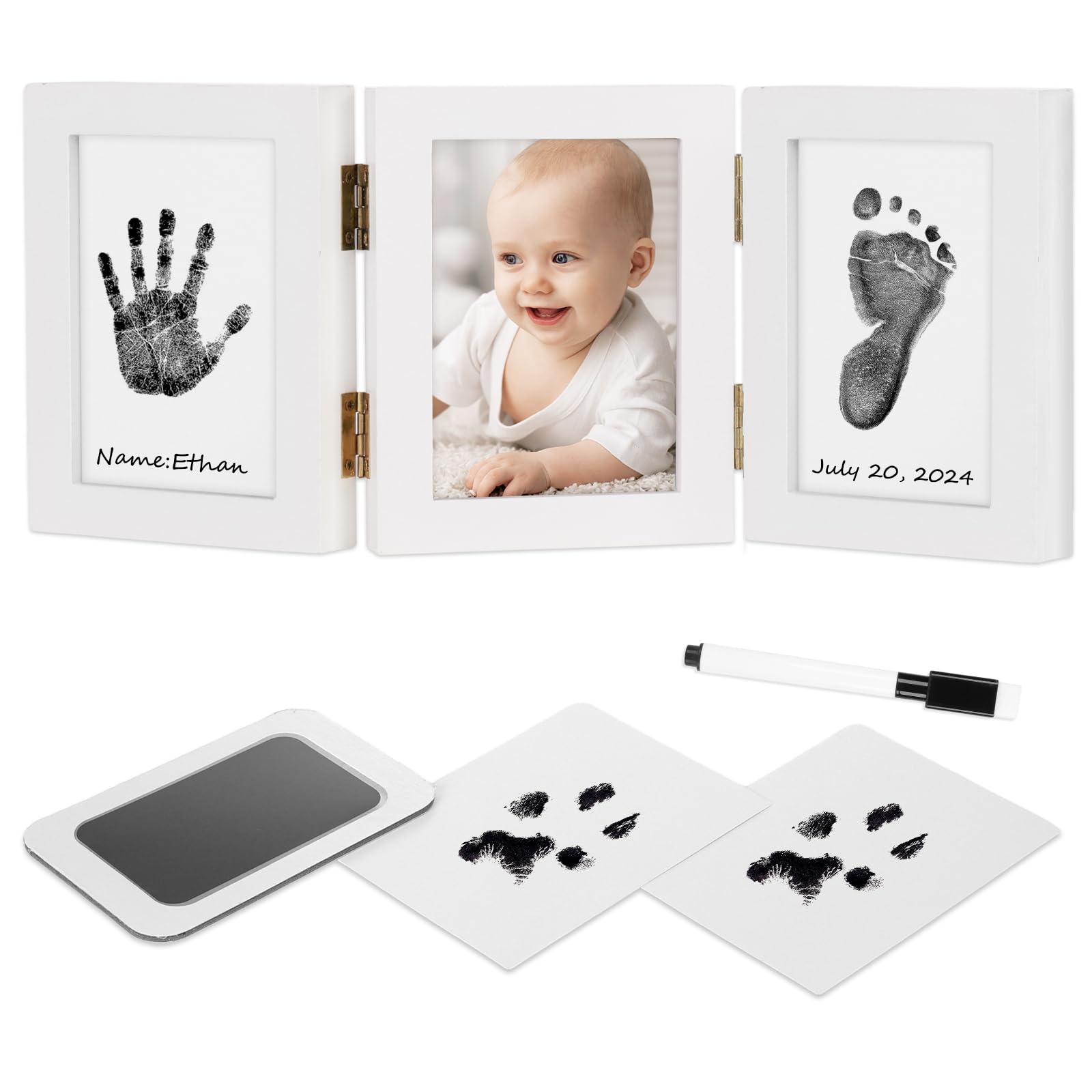 Baby Handprint and Footprint Kit - Inkless Hand & Footprint Maker, Newborn Keepsake Gift Set with Wooden Frame for Parents - Perfect Baby Shower Gift for Boys & Girls (White) - Capture Precious Memories for Baby's First Year, Christening, or Birthday Celebrations