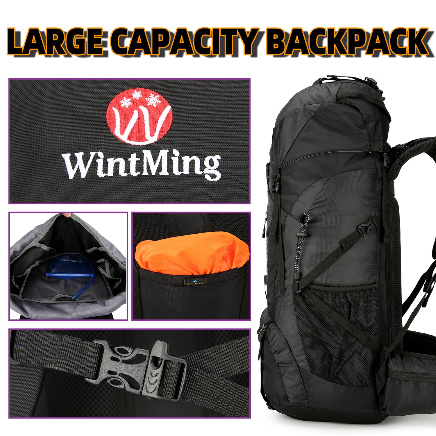 75L Waterproof Hiking Backpack for Men & Women - Lightweight Daypack for Outdoor Camping, Trekking & Travel with Rain Cover (Black) - Perfect for Backpacking, Mountain Climbing & Adventure Trips
