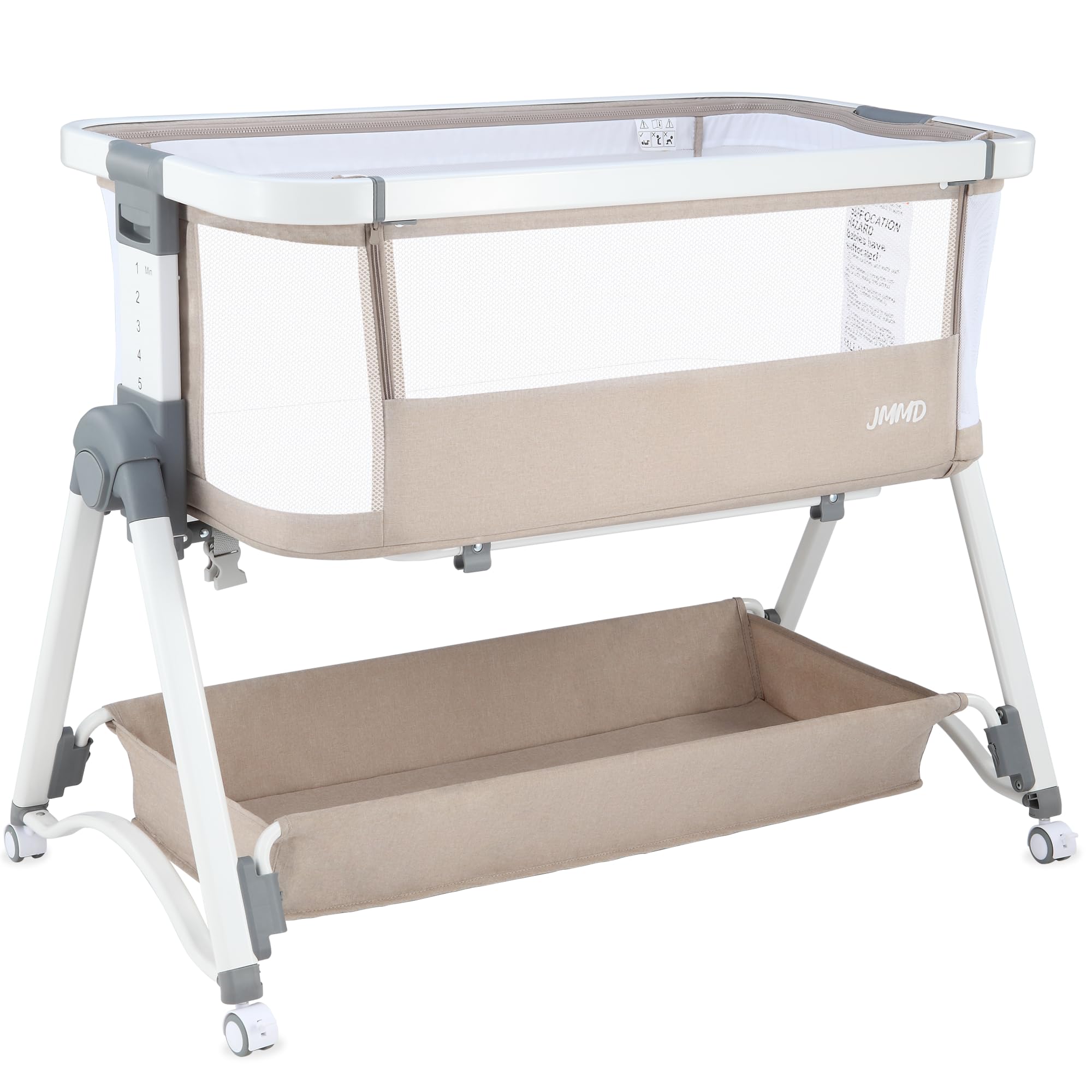 JMMD 3-in-1 Adjustable Baby Bassinet Bedside Sleeper - 6 Height Levels, Foldable & Portable Crib for Newborns & Infants (Khaki) | Perfect for Nursery, Bedroom Co-Sleeping & Travel