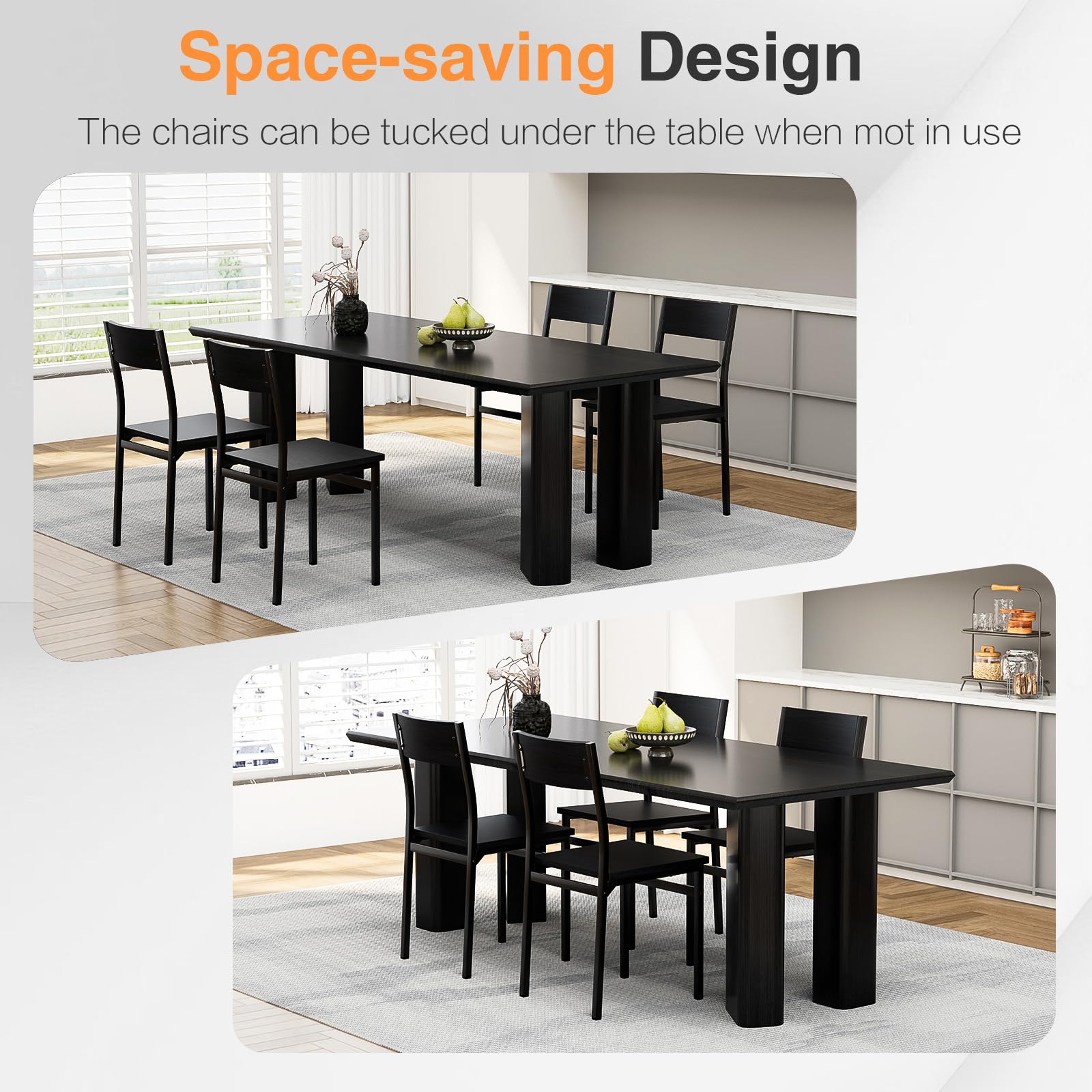 4-Piece Rustic Wood Dining Chairs Set with Metal Steel Frame & Slat Back - Modern Farmhouse Style Kitchen, Dining Room & Living Room Seating (Black) - Perfect for Family Gatherings, Dinner Parties & Home Decor