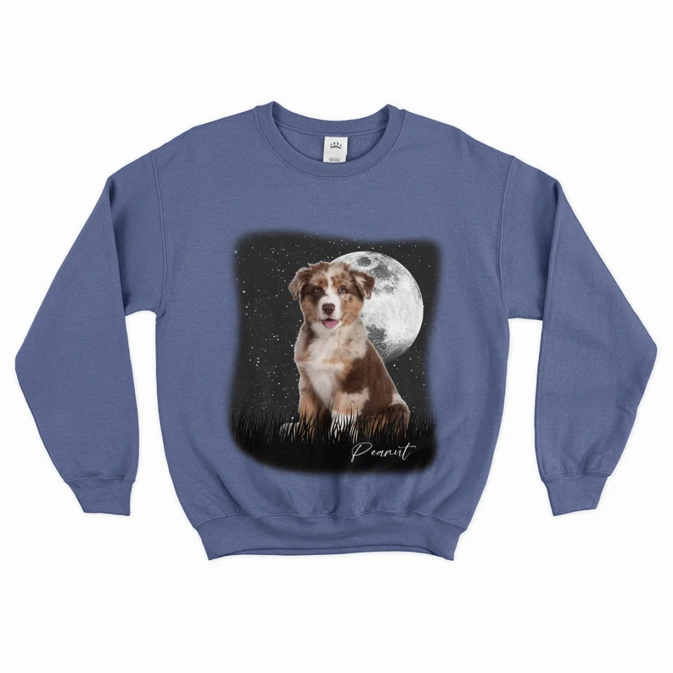 Custom Vintage Full Moon Pet Photo Sweatshirt - Personalized Dog Cat Lover Gift - Cozy Pullover for Family Matching Outfits, Couple Wear & Pet Memorial