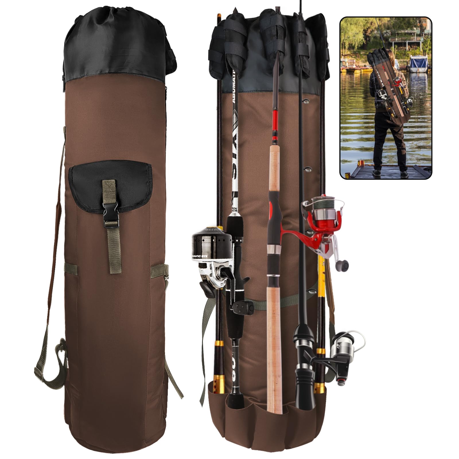 **Durable Folding Fishing Rod Bag - Oxford Fabric Fishing Pole Case for Men, Portable Fishing Gear with Shoulder Strap - Ideal for Travel, Camping & Outdoor Fishing (Coffee)**