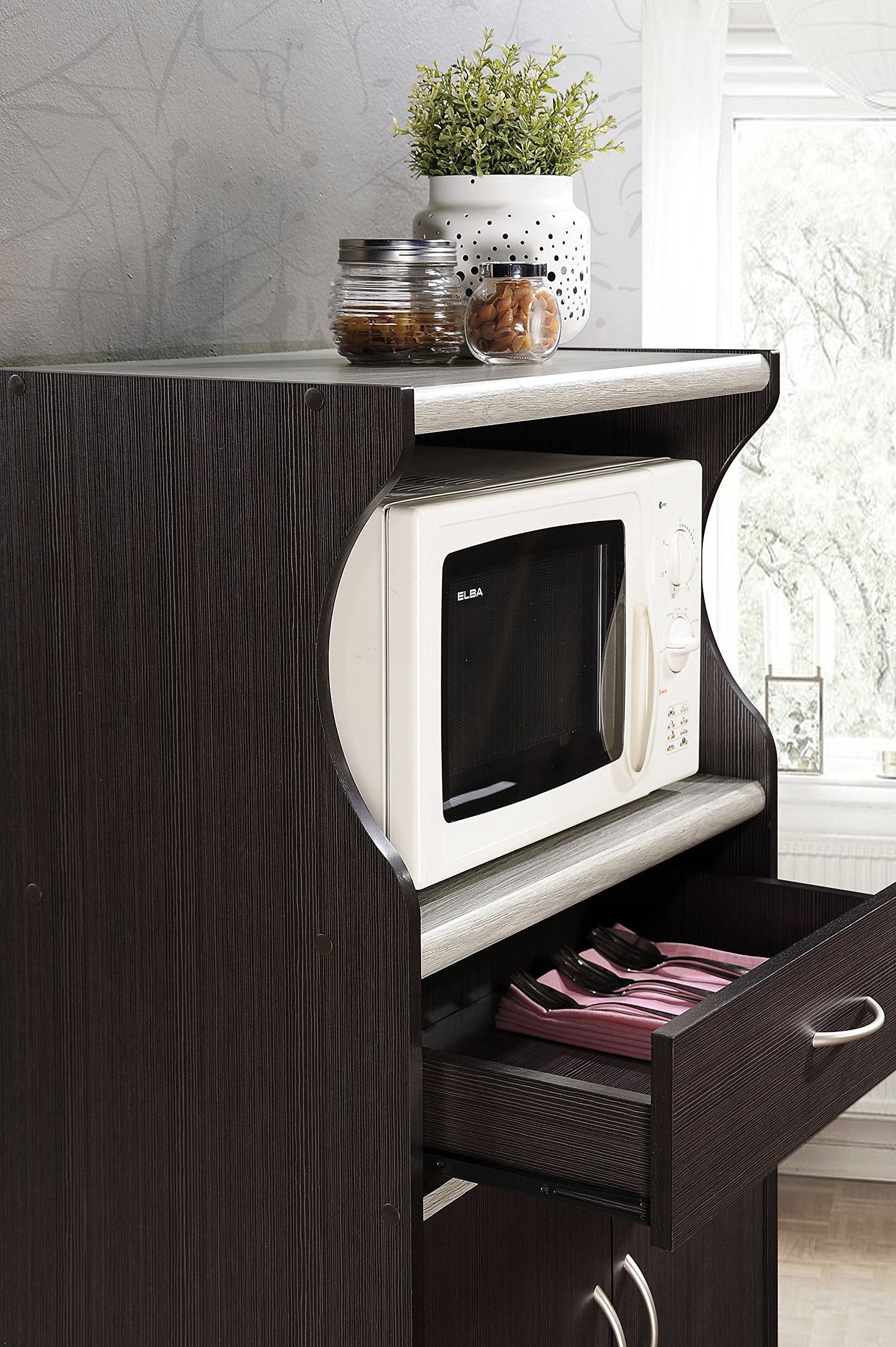 Hodedah Microwave Cart with Storage Drawer, 2 Doors & Shelf - Compact Kitchen Organizer for Small Spaces, Chocolate Grey - Perfect for Apartments, Dorms & RVs