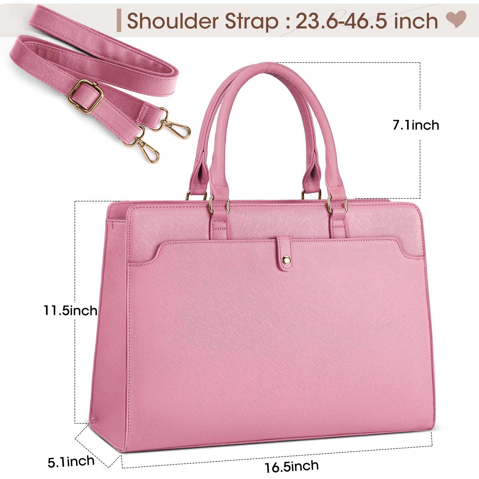 RAINSMORE 15.6 Inch Leather Laptop Tote Bag for Women - Waterproof Work Briefcase, Large Capacity Business Office Computer Bag, Pink Shoulder Handbag for Professionals and Students