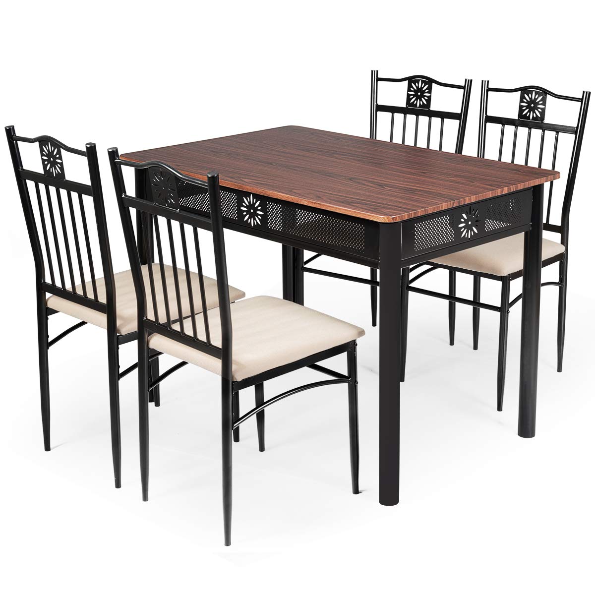Tangkula 5-Piece Vintage Dining Set - Retro Wood Table with Metal Frame & Padded Chairs - Kitchen & Dining Room Furniture for Small Spaces, Apartments, Breakfast Nooks & Cozy Family Meals