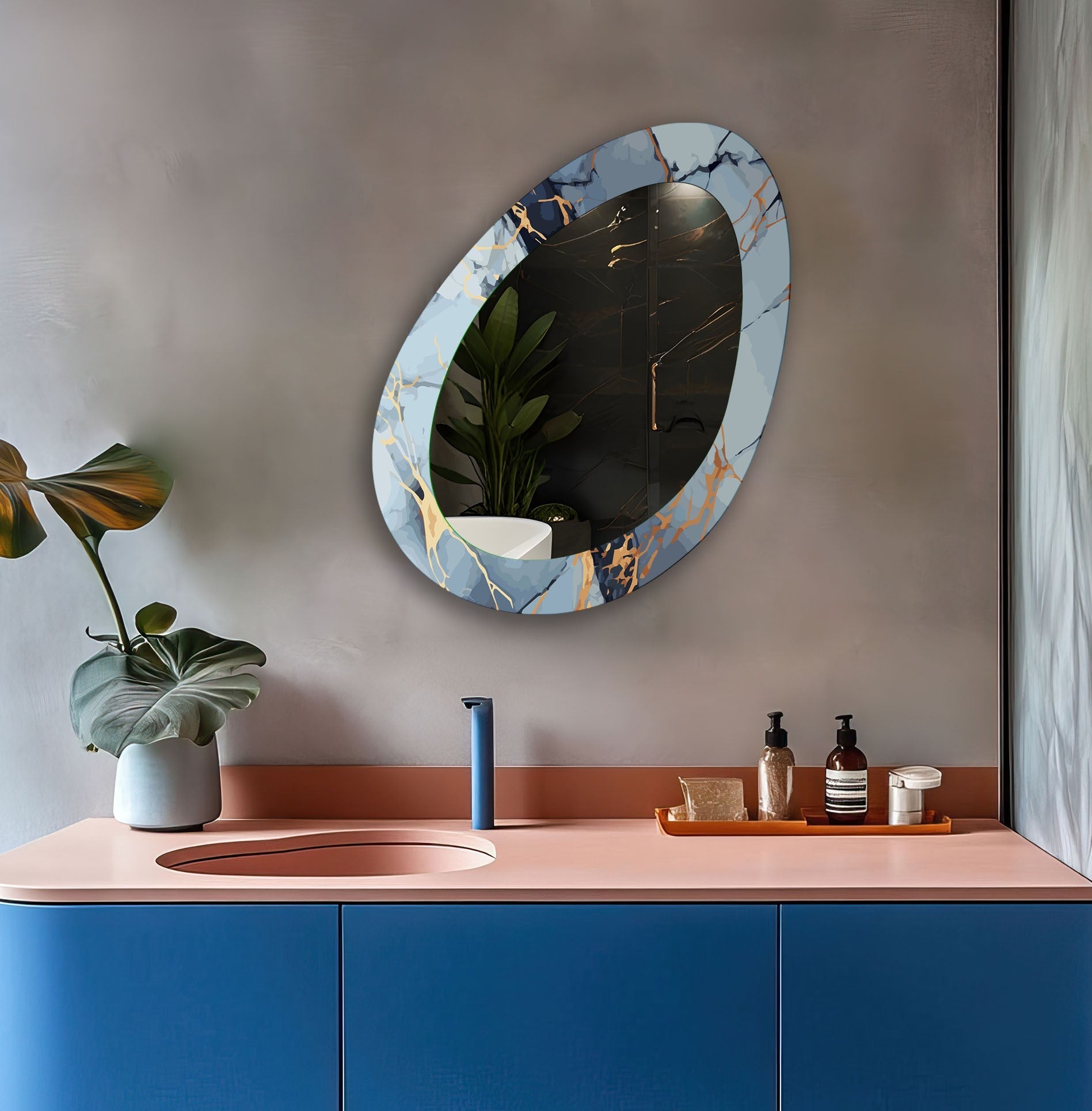 Blue Abstract Mirror - Asymmetrical Small Wall Mirror for Living Room, Bedroom & Bathroom Decor