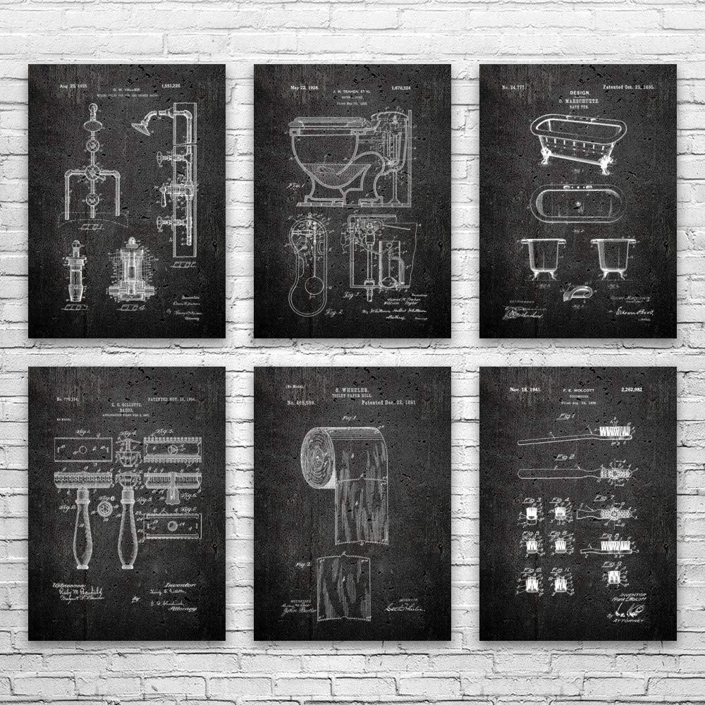 6-Piece Bathroom Patent Poster Set - Plumber & Handyman Gift - Restroom Wall Art Decor - Contractor Appreciation Present - Shower Blueprint Design - Dark Concrete Finish (12x18 Inches) | Perfect for Home Bathroom, Office Decor & DIY Enthusiast Gifts