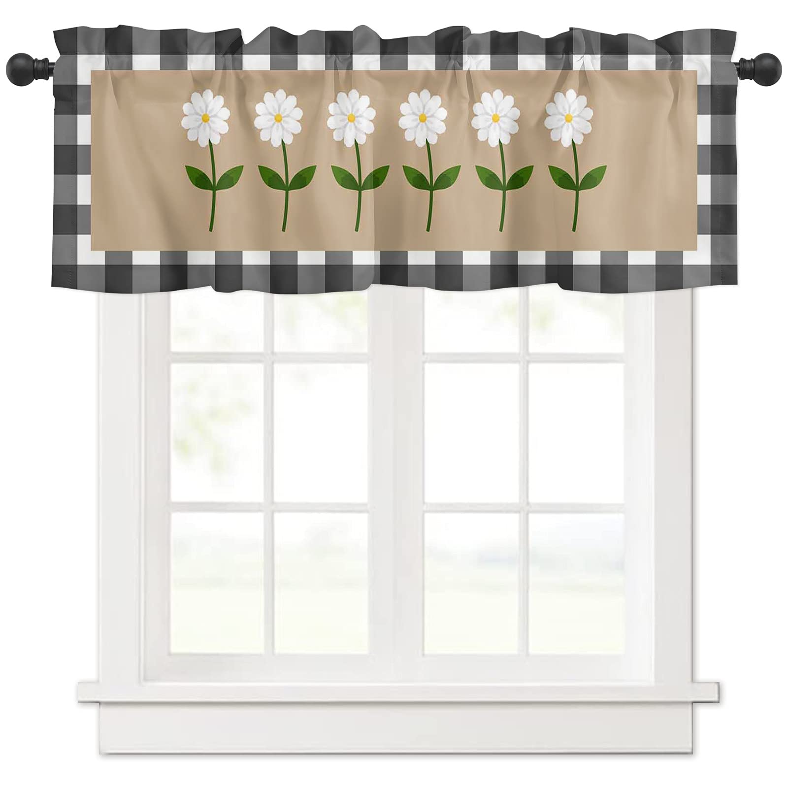 Daisy Floral Branches Leaves Black White Lattice Valance Curtains - 54x18 Inch Kitchen Window Treatment with Rod Pocket, Perfect for Bedroom, Bathroom & Laundry Room - Elegant Home Decor for Cozy Spaces