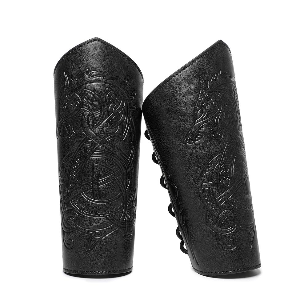 Medieval Leather Bracers - Dragon Embossed Viking Armor Cuffs for LARP, Cosplay & Renaissance Fairs | Authentic Leather Gauntlets for Historical Reenactment & Costume Accessories