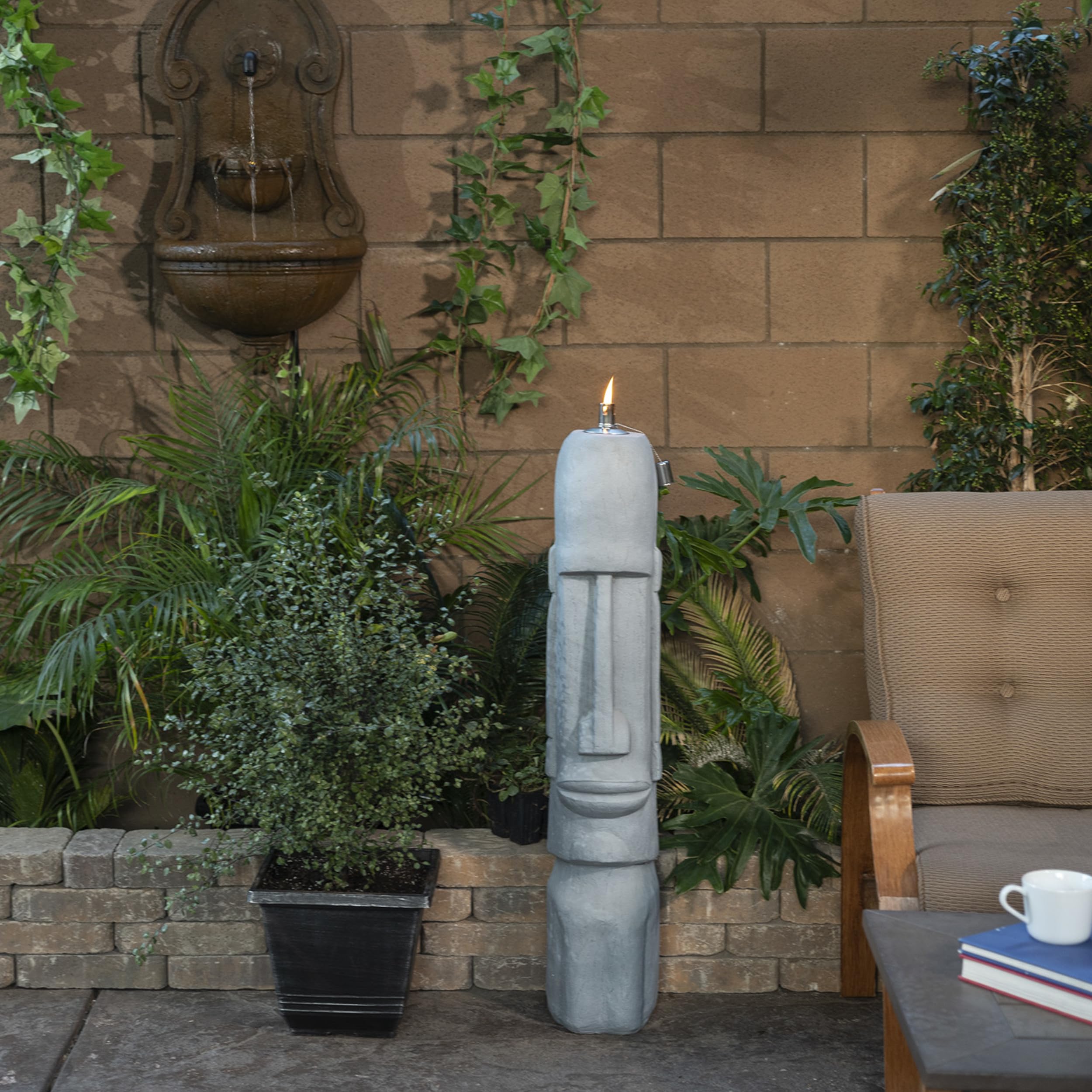 Alpine Corporation DIG282 Gray Cement Moai Head Oil Torch Lamp - Outdoor Tiki Statue for Patio, Garden, and Poolside Decor
