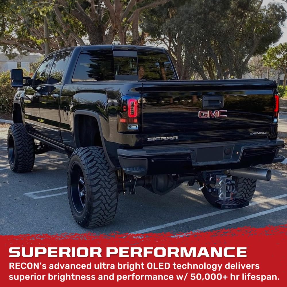 RECON OLED Tail Lights for 2014-2018 GMC Sierra 1500 & 2014-2019 Sierra 2500/3500 - Smoked Lens LED Running Lights (Direct Replacement for Factory Halogen Lights) - Perfect for Night Driving & Enhanced Truck Style