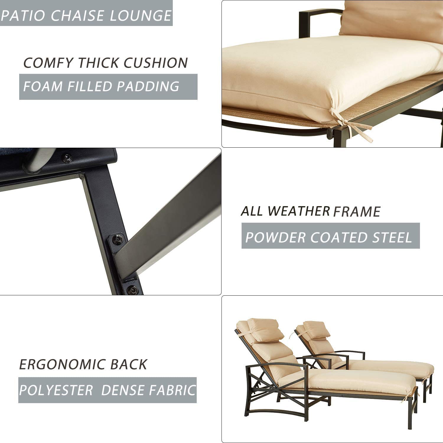 Premium 2-Piece Outdoor Chaise Lounge Set with Cushions - Patio Recliner Chairs with Metal Frame & Soft Headrests - Durable Khaki Fabric for Garden, Poolside & Backyard Relaxation
