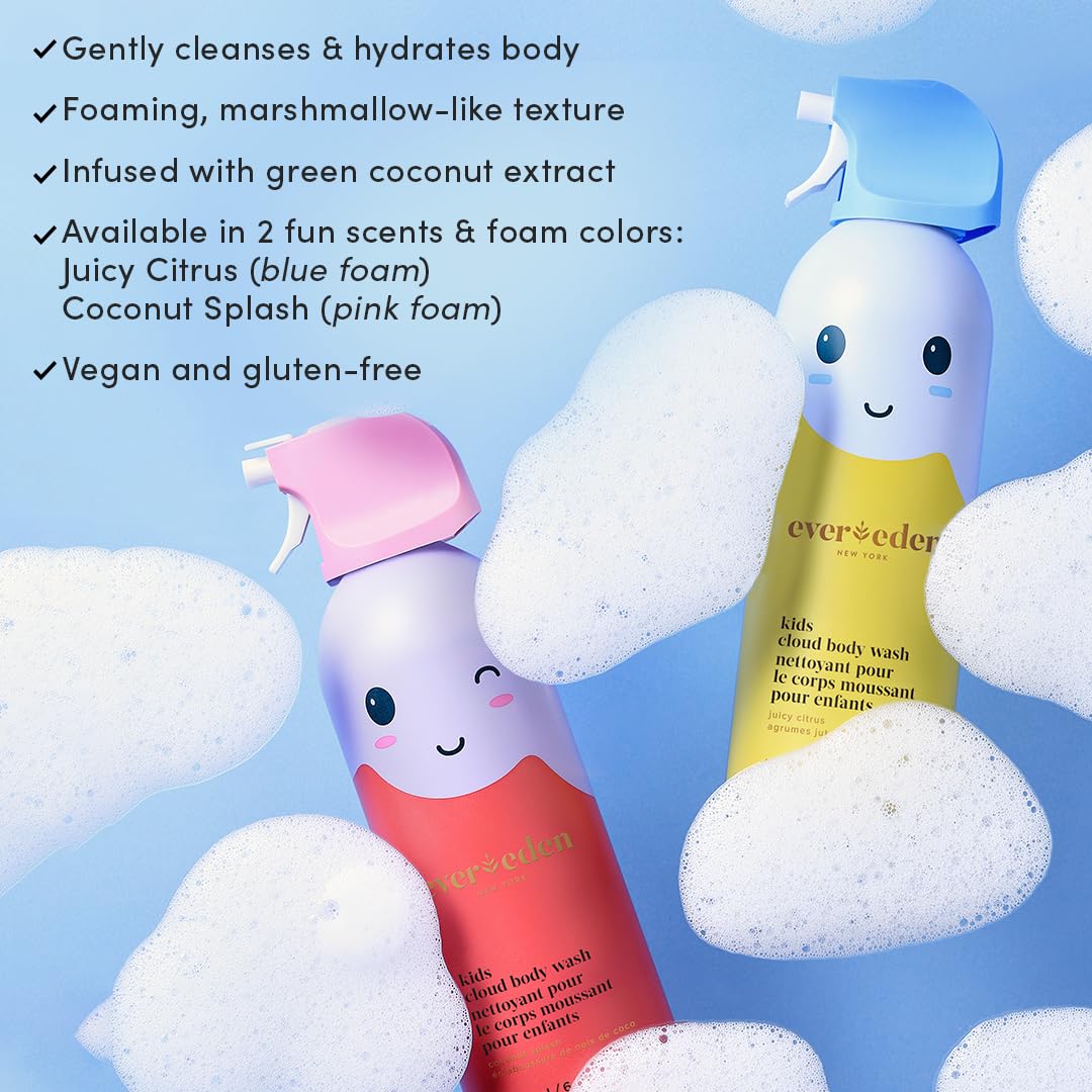 Evereden Kids Cloud Body Wash & Hair Care Set (6.7 fl oz, Juicy Citrus) - Sulfate-Free Shampoo, Conditioner, Detangling Spray & Brush with Protein Peptides & Argan Oil - Paraben-Free for Children Ages 3+ | Gentle Bath Time & Daily Hair Care Routine