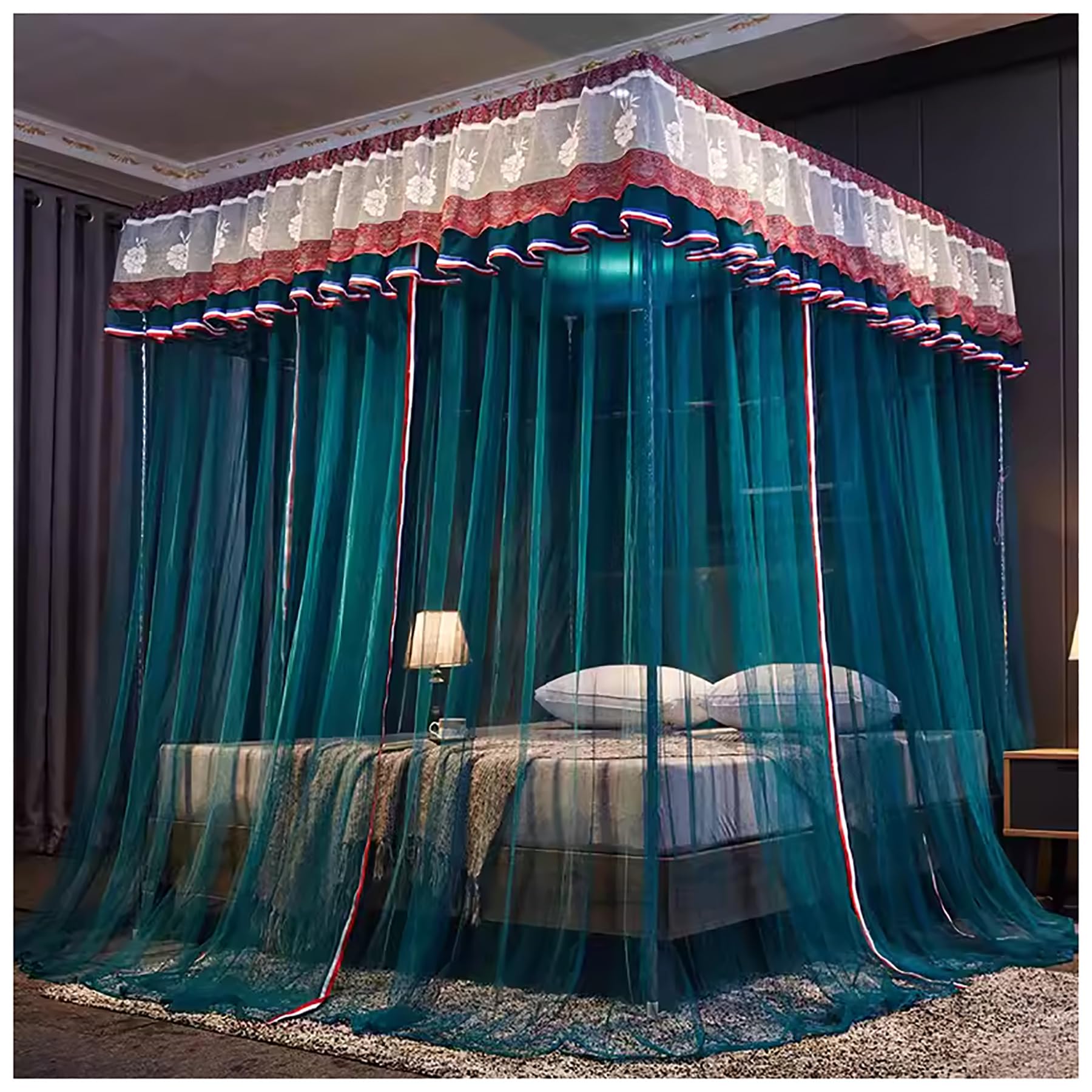 Stainless Steel Bed Canopy Frame with 4 Corner Posts - King Size Bed Curtain Canopy for Adults (Blue) | Bedroom Decor, Romantic Sleeping Space, Privacy Netting for Master Bedroom