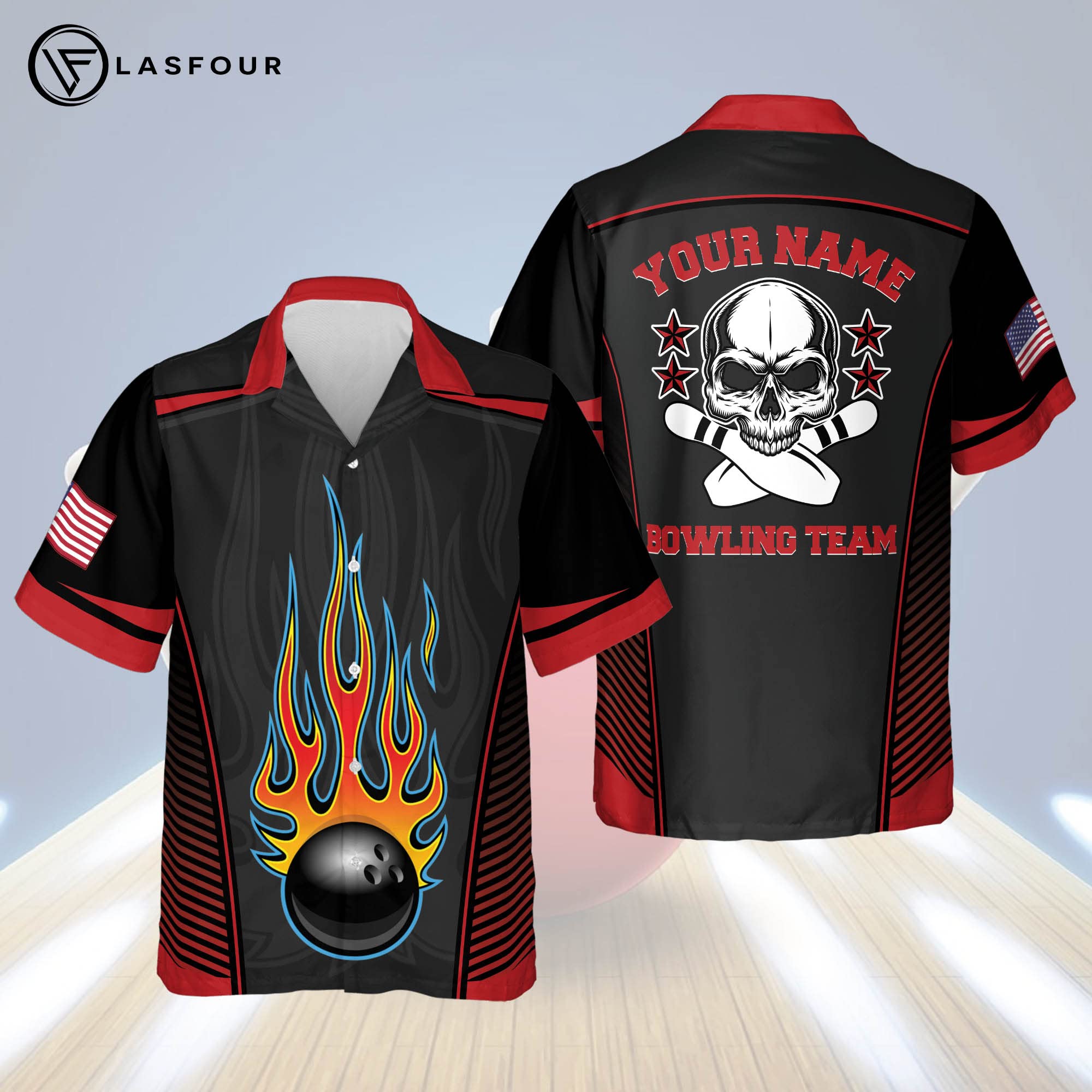 LASFOUR Men's Bowling Shirts - Short Sleeve Hawaiian Button-Down Shirts for Bowling Teams | Custom Logo & Breathable Fabric | Perfect for Bowling Leagues, Tournaments & Casual Wear