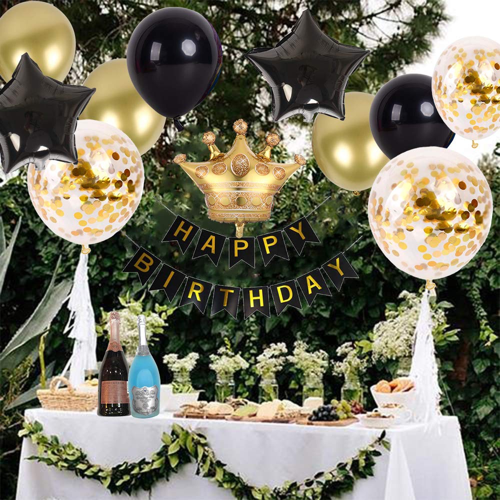 Happy Birthday Party Decorations Kit - Gold & Black Latex Balloons, Birthday Banner, Crown Balloon - Perfect for Birthday Parties, Baby Showers & Celebrations