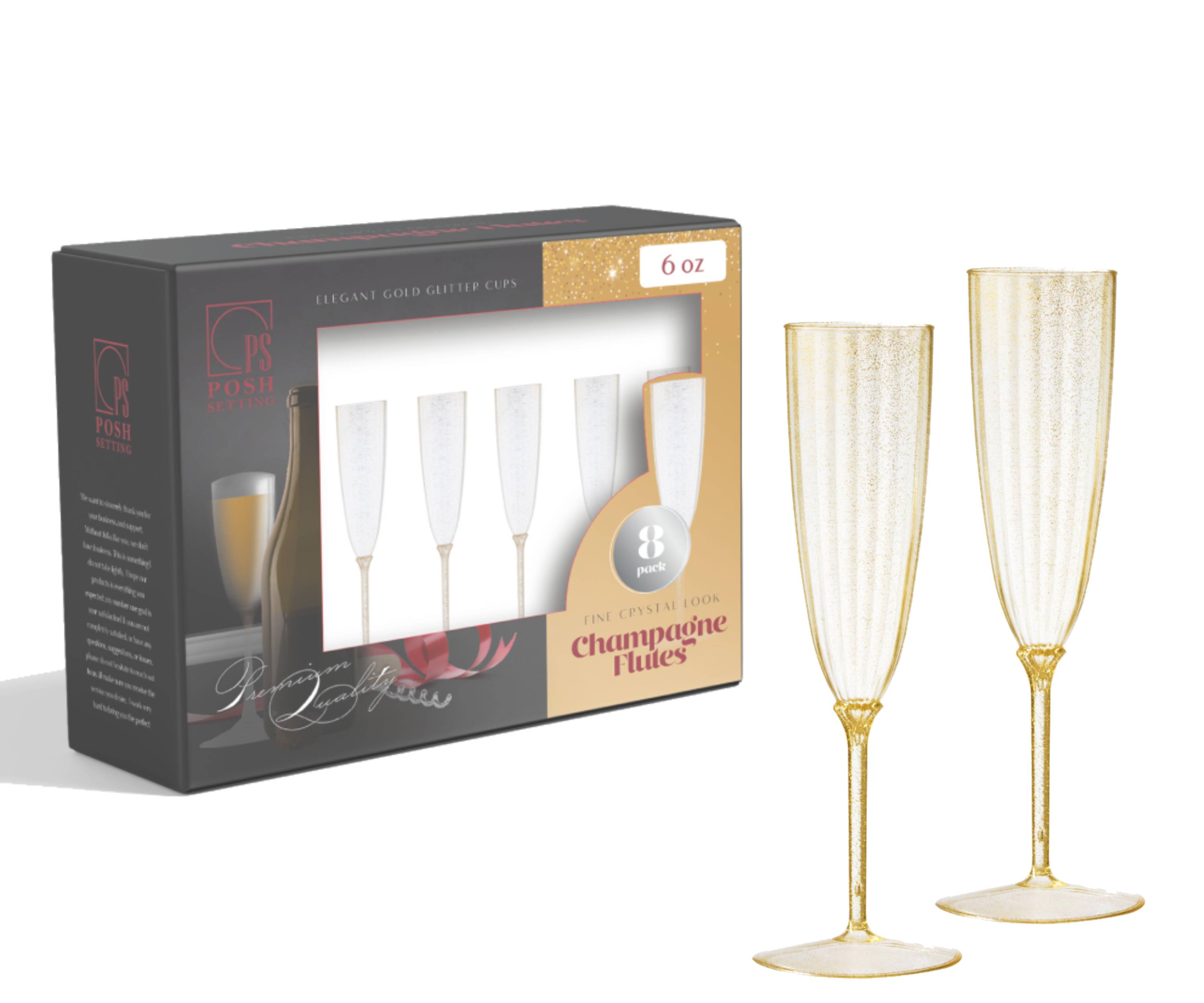 6 Oz Gold Glitter Plastic Disposable Champagne Flutes - 8 Pack for Wedding, Party, Bridal Shower & New Year's Eve Celebrations