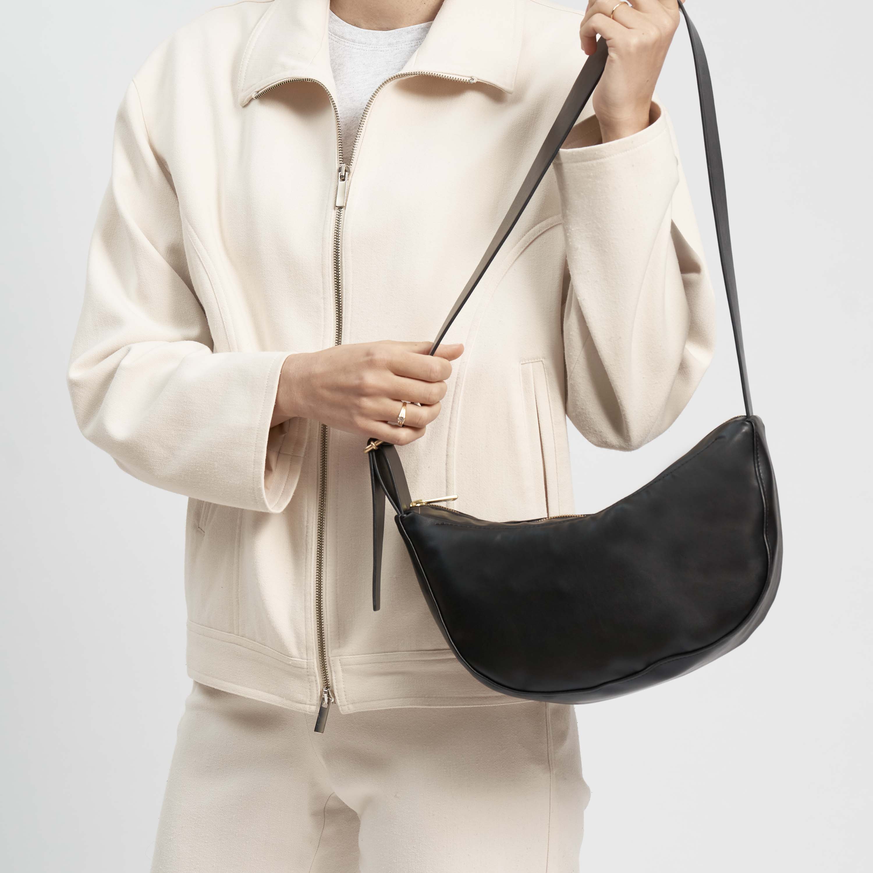 Oleatex Vegan Olive Leather Half Moon Bag for Women | Night Black | Eco-Friendly Crossbody Purse for Evening Out & Casual Wear