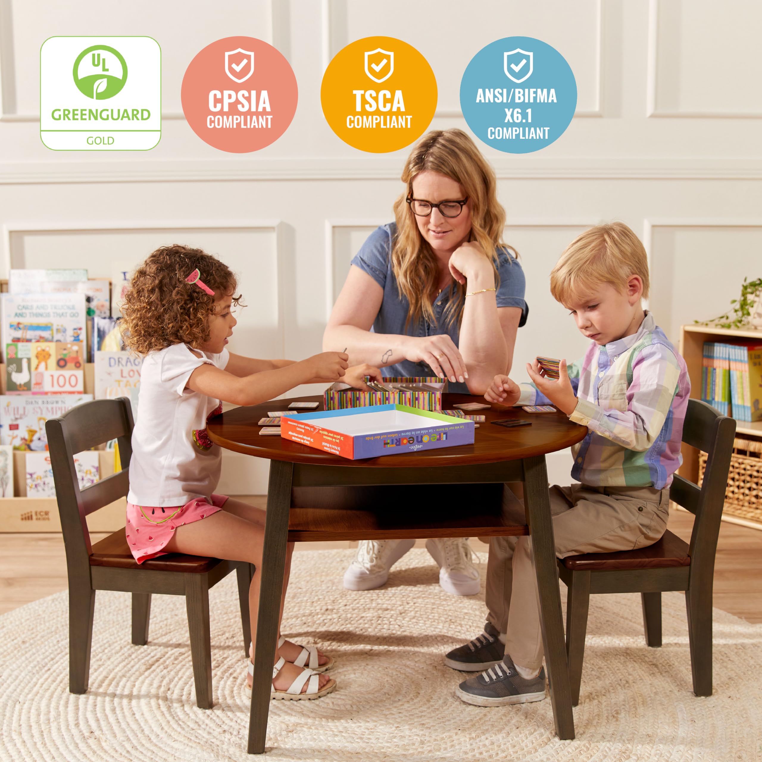 ECR4Kids Hideaway Table and Chair Set - 3-Piece Kids Furniture for Playroom, Classroom or Home - Dark Walnut & Grey Wash Wooden Study Desk with Foldable Chairs