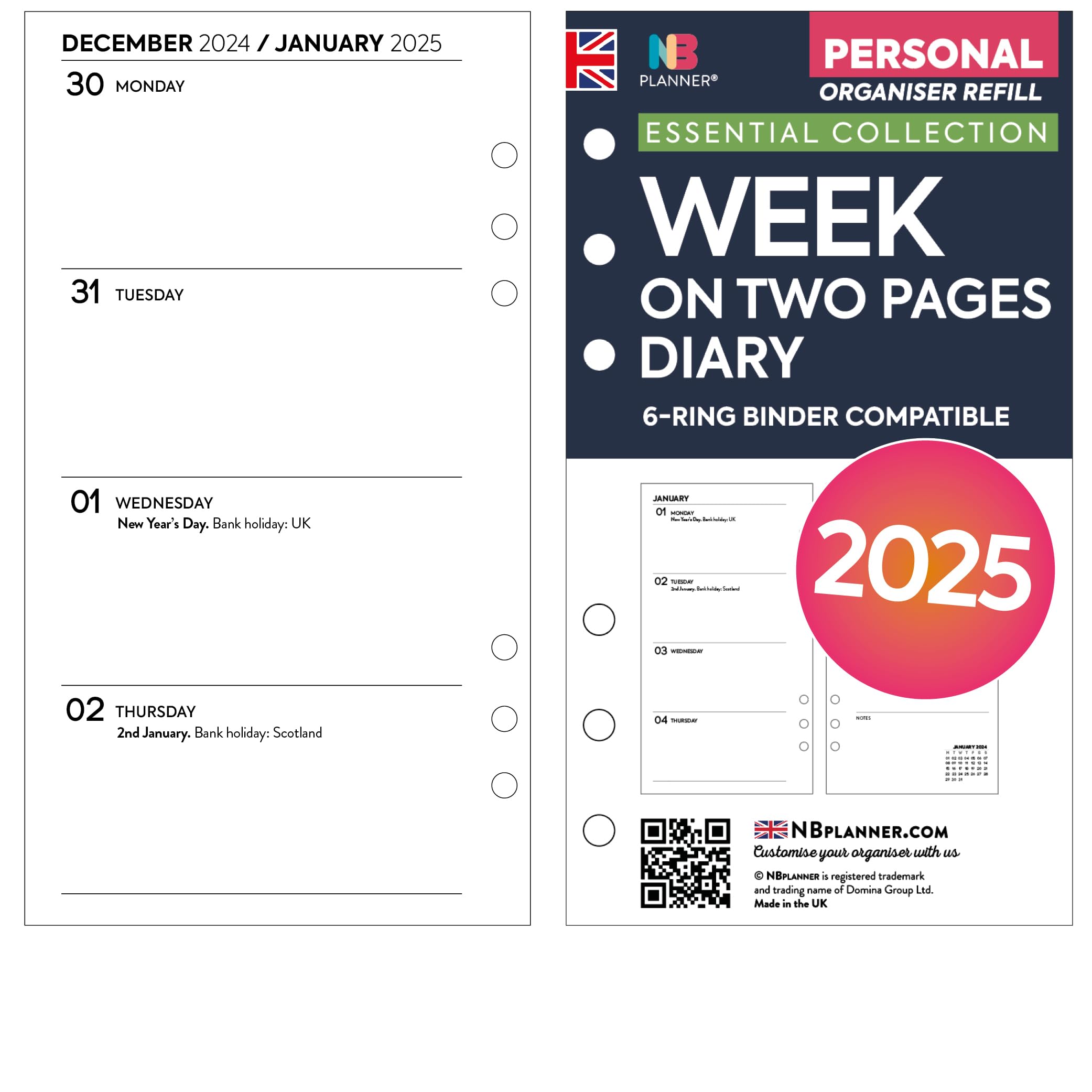 NBplanner 2025 Weekly Planner Refill - 2 Page Per Week Layout, Personal Size Organizer, White Pages, Yearly Calendar | Compatible with Filofax Personal | Perfect for Work, School & Daily Planning