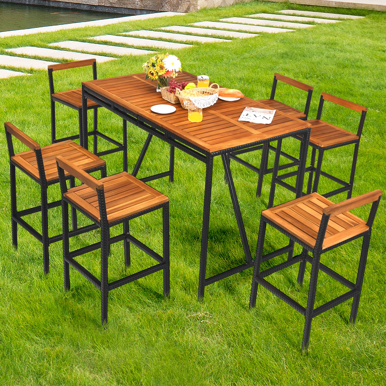 Tangkula 7-Piece Outdoor Dining Set - Acacia Wood Rectangular Table with Umbrella Hole & 6 Rattan Bar Stools - Patio, Backyard, Garden Conversation Set for Outdoor Entertaining and Relaxation