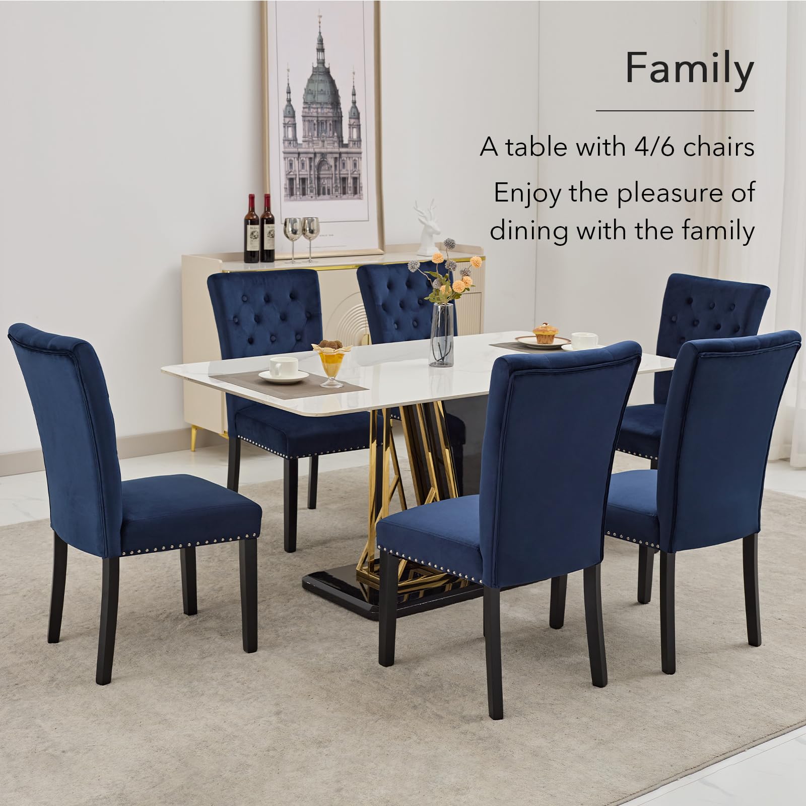 Velvet Dining Chairs Set of 2 - Blue Parsons Upholstered Dining Room Chairs with Wood Legs & Nailhead Trim - Perfect for Modern Dining Room, Kitchen, or Breakfast Nook