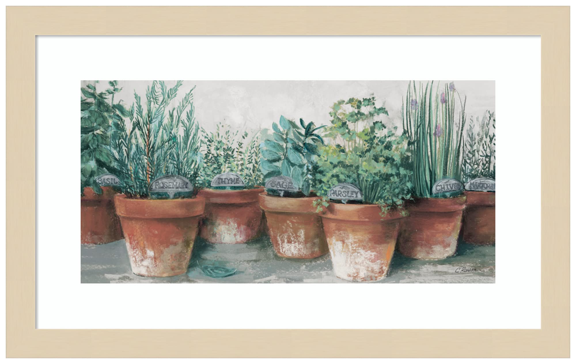 Carol Rowan Pots of Herbs II Cottage Wall Art Print - 17x11 Inches Wood Framed Decor for Kitchen, Bathroom, or Farmhouse Style Home