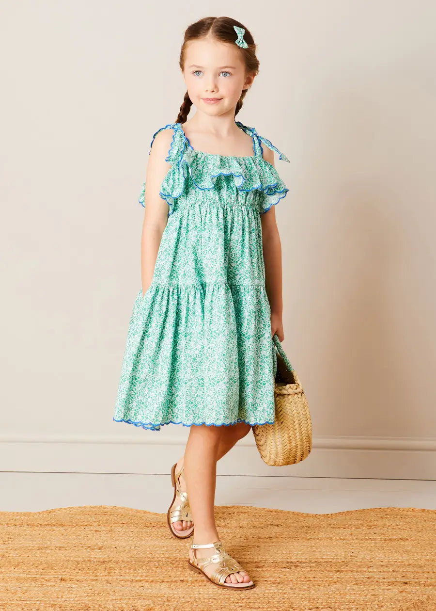 Adelaide Floral Tiered Tie Strap Dress for Girls 4-12 Years | Green Summer Dress with Adjustable Straps | Perfect for Birthday Parties, Family Gatherings & Outdoor Events