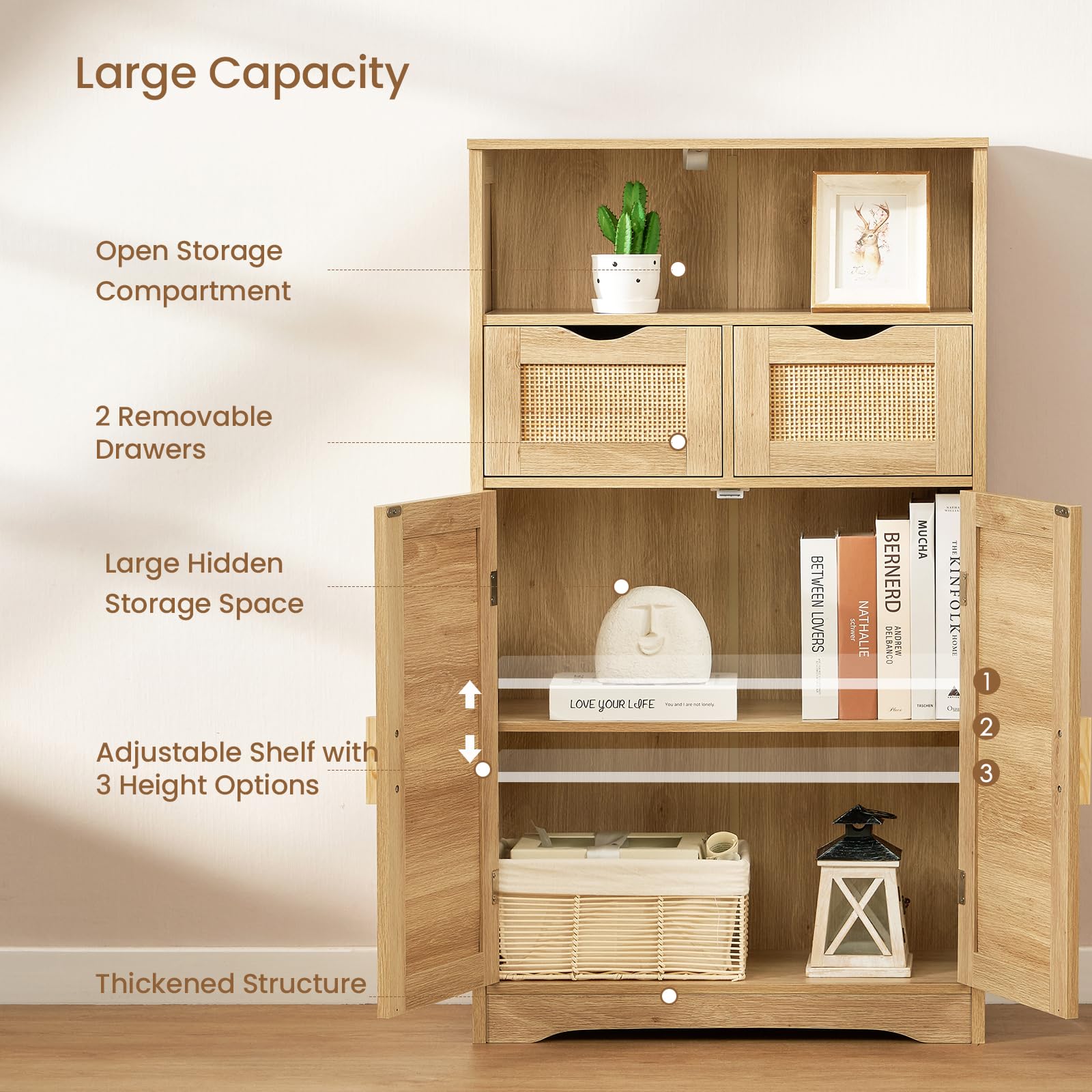 Iwell 2-Door Rattan Storage Cabinet with 2 Drawers & Adjustable Shelves - Kitchen Pantry Organizer, Living Room Cupboard, Home Office Furniture - Perfect for Small Space Organization & Home Decor