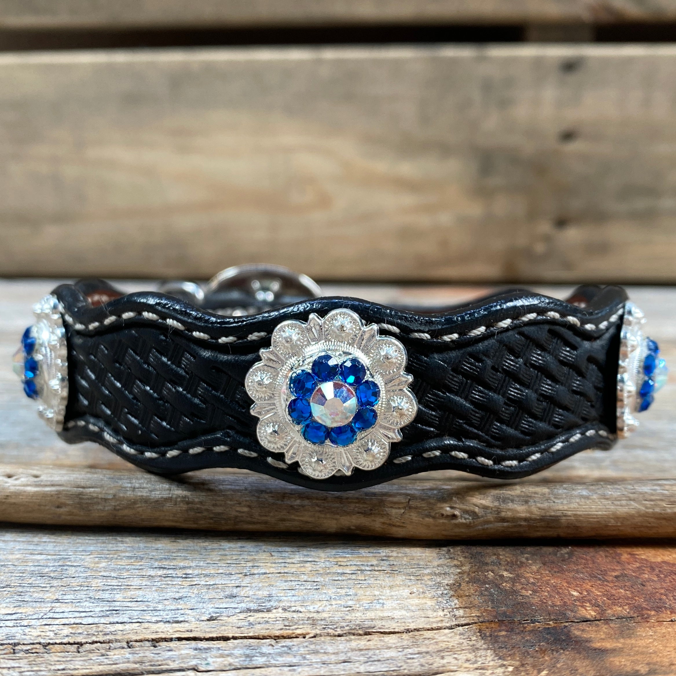 Premium Genuine Leather Dog Collar with Shiny Silver Capri & AB Conchos - Adjustable 10-22 Inches (DC48) - Durable & Stylish for Daily Walks, Training & Outdoor Adventures