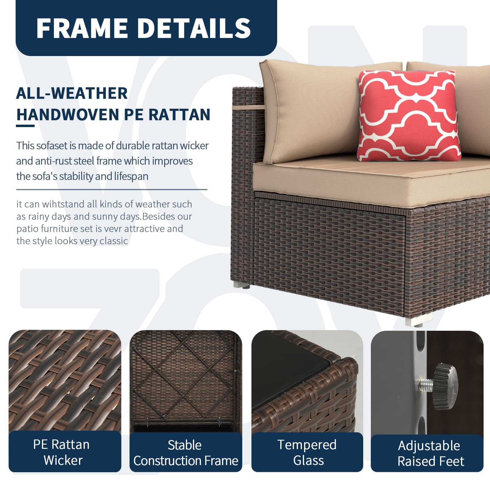 7-Piece Outdoor Patio Furniture Set - PE Rattan Wicker Sectional Sofa with 6 Seat Cushions & Tempered Glass Table - Brown Conversation Set for Garden, Backyard, Poolside (Includes Furniture Cover)