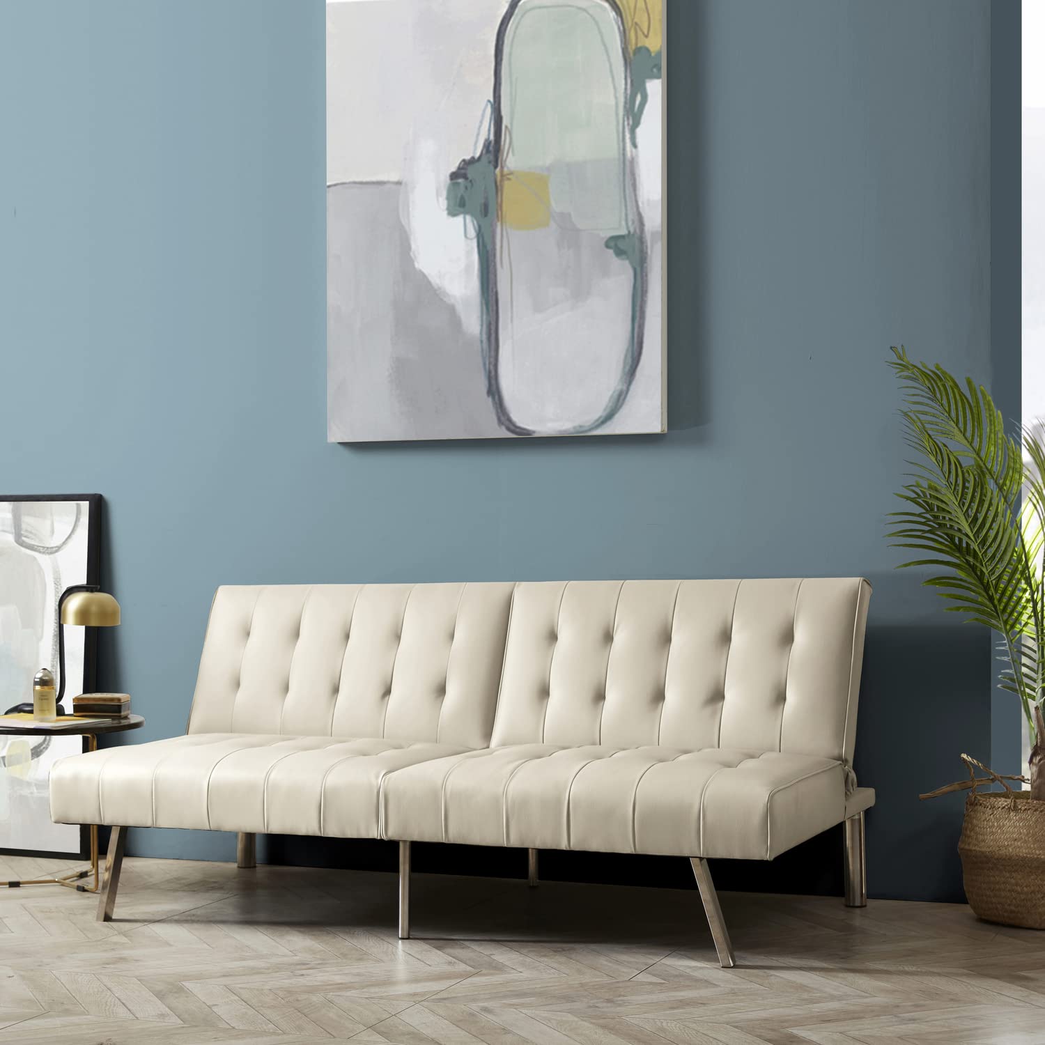 Naomi Home Tufted Split Back Faux Leather Futon Sofa Bed - Convertible Reclining Couch with Metal Legs for Small Spaces | Living Room, Guest Room, Studio Apartment, Dorm | Cream