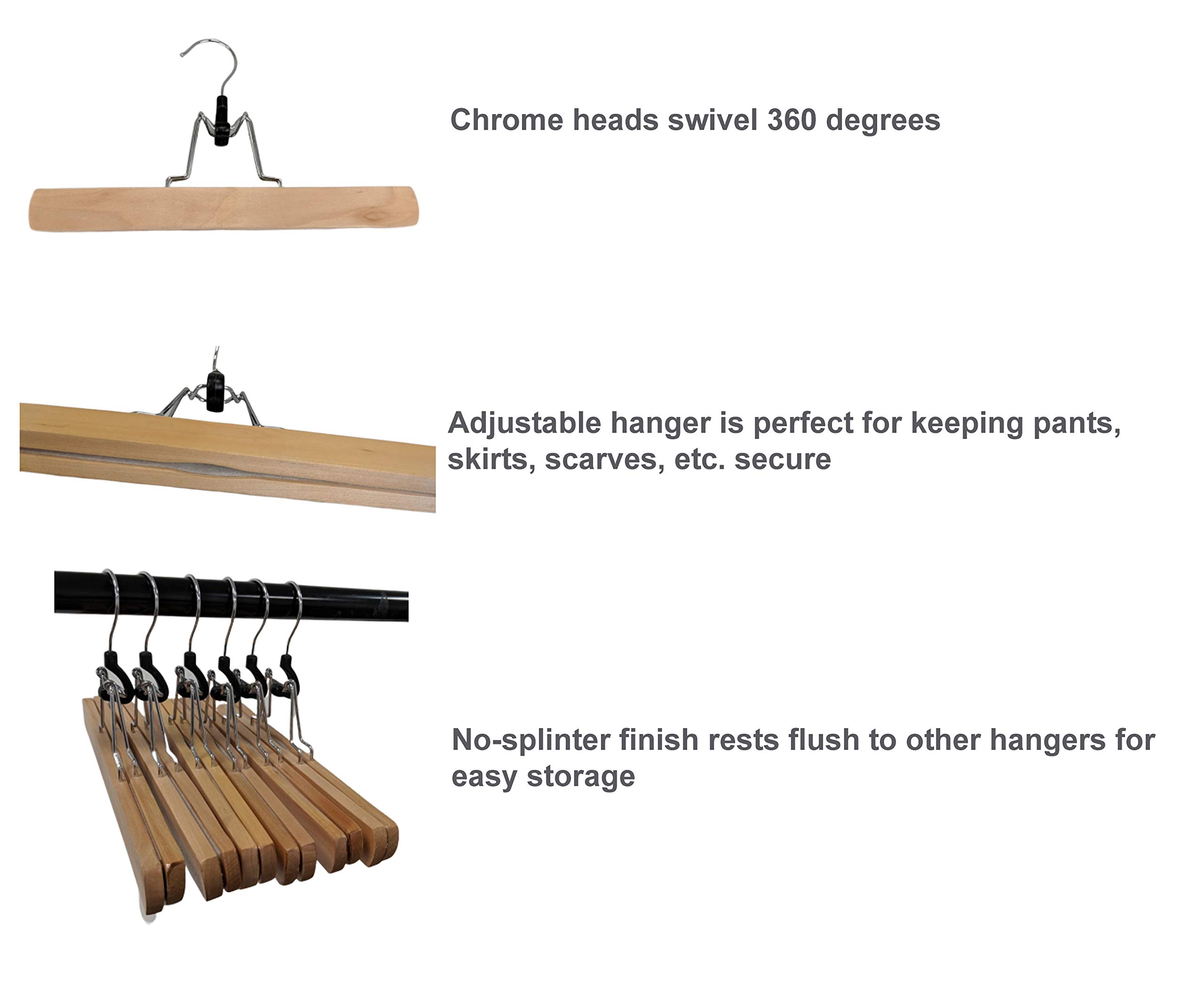 Pillowtex Adjustable Wooden Pants & Clothes Hangers - Set of 50 Natural Finish Hangers for Closet Organization & Space Saving - Perfect for Home, Laundry Room & Retail Stores