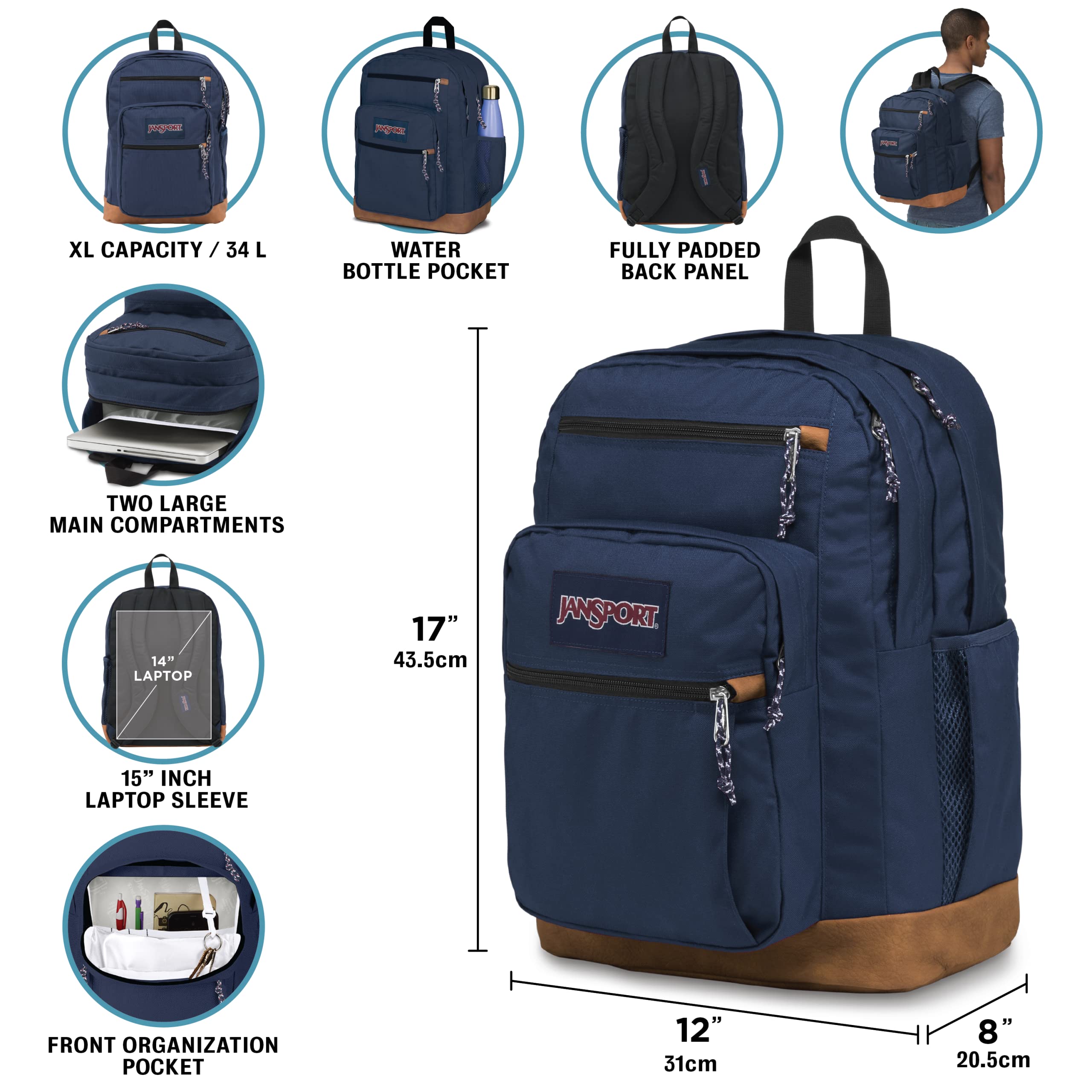 JanSport Cool Backpack - Large 15-Inch Laptop Sleeve, Ergonomic Straps, 2 Compartments, Black - Perfect for School, Work, and Travel
