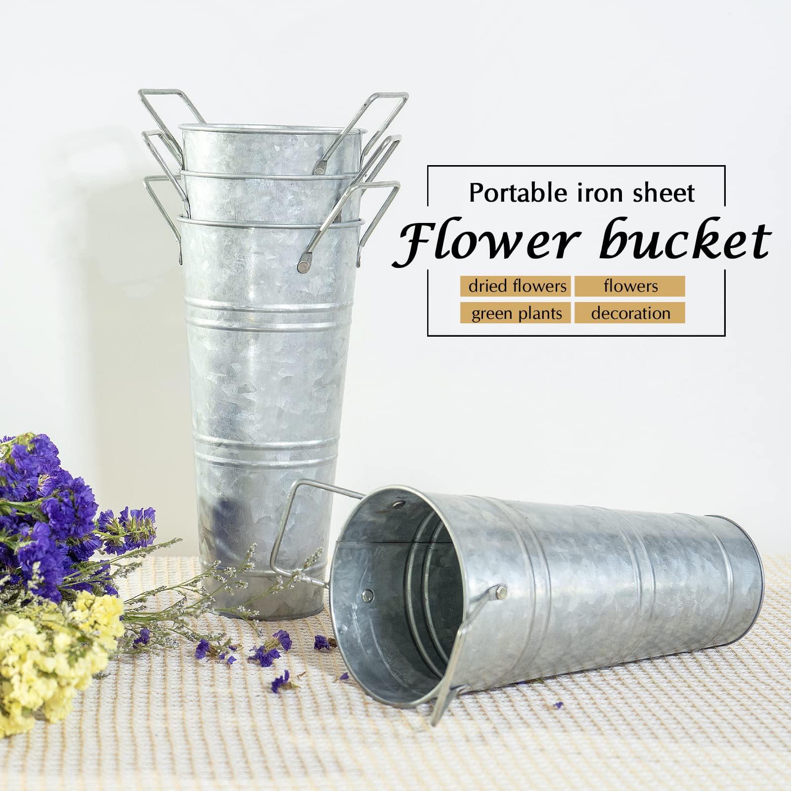 Galvanized Metal Vases Set of 4 - Farmhouse Flower Buckets for Home Decor & Weddings