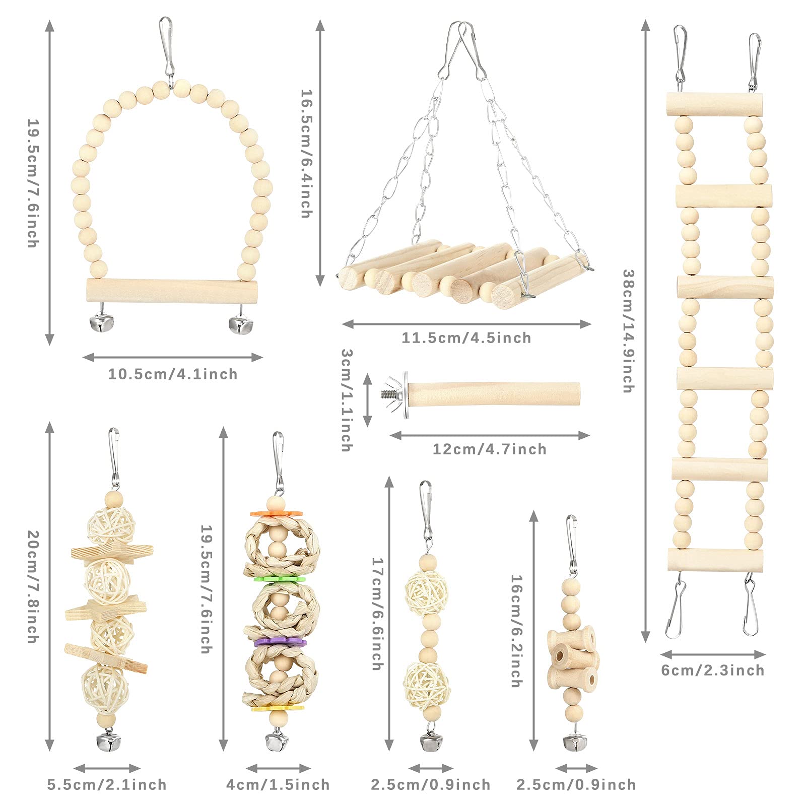 8 PCS Bird Toys for Parrots - Wooden Chewing Hanging Swing & Standing Toys for Parakeets, Cockatiels, Conures & Budgies - Cage Accessories for Play, Exercise & Mental Stimulation