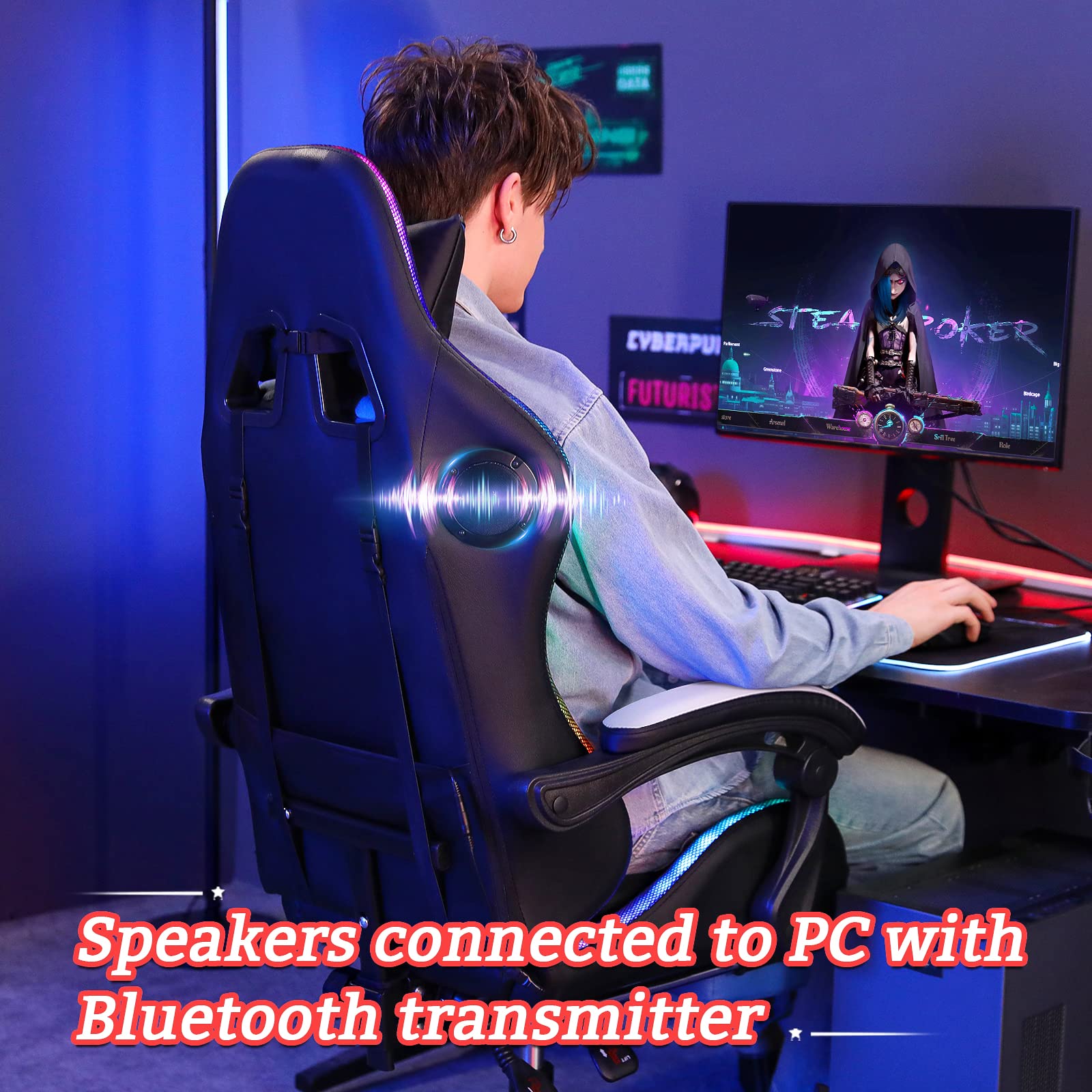 Ergonomic Gaming Chair with Built-in Speakers, RGB LED Lights & Massage - High Back Computer Chair with Adjustable Lumbar Support & Footrest - Perfect for PC Gaming, Streaming & Home Office (White & Black)