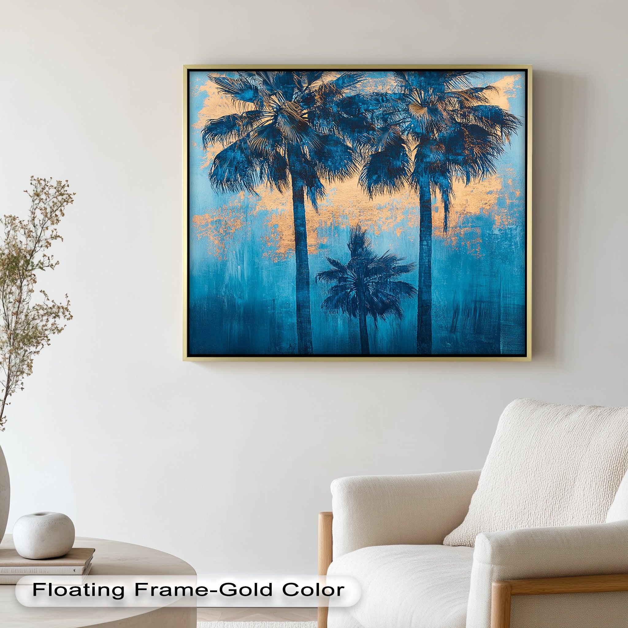Blue Sunset Palms Tropical Oil Painting - Handmade Beach Wall Art for Living Room, Bedroom & Office Decor