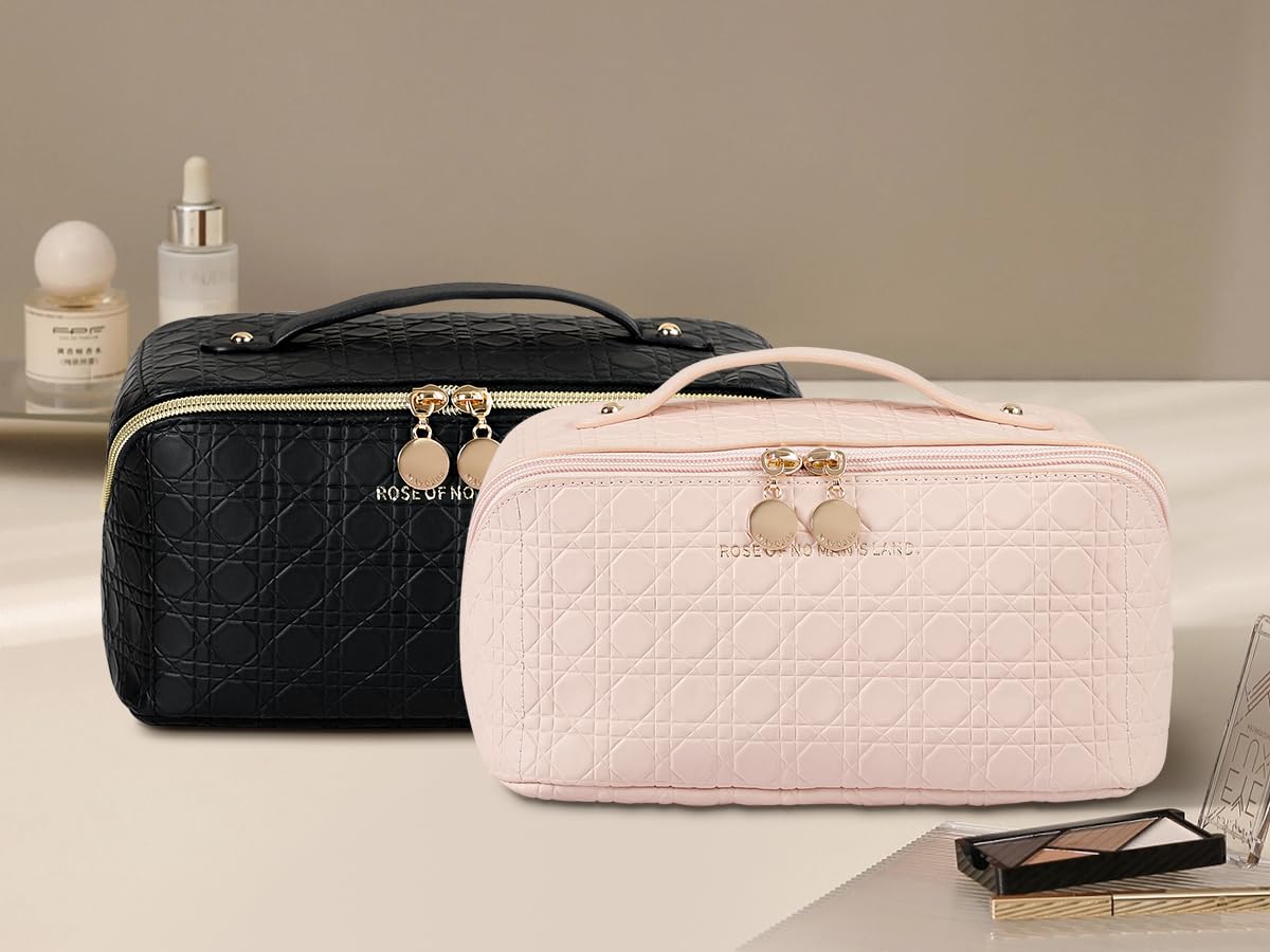 Large Capacity Waterproof Travel Makeup Bag for Women - PU Leather Cosmetic Organizer with Divider, Portable Toiletry Case (Black) | Perfect for Air Travel, Gym, Vacation & Daily Use