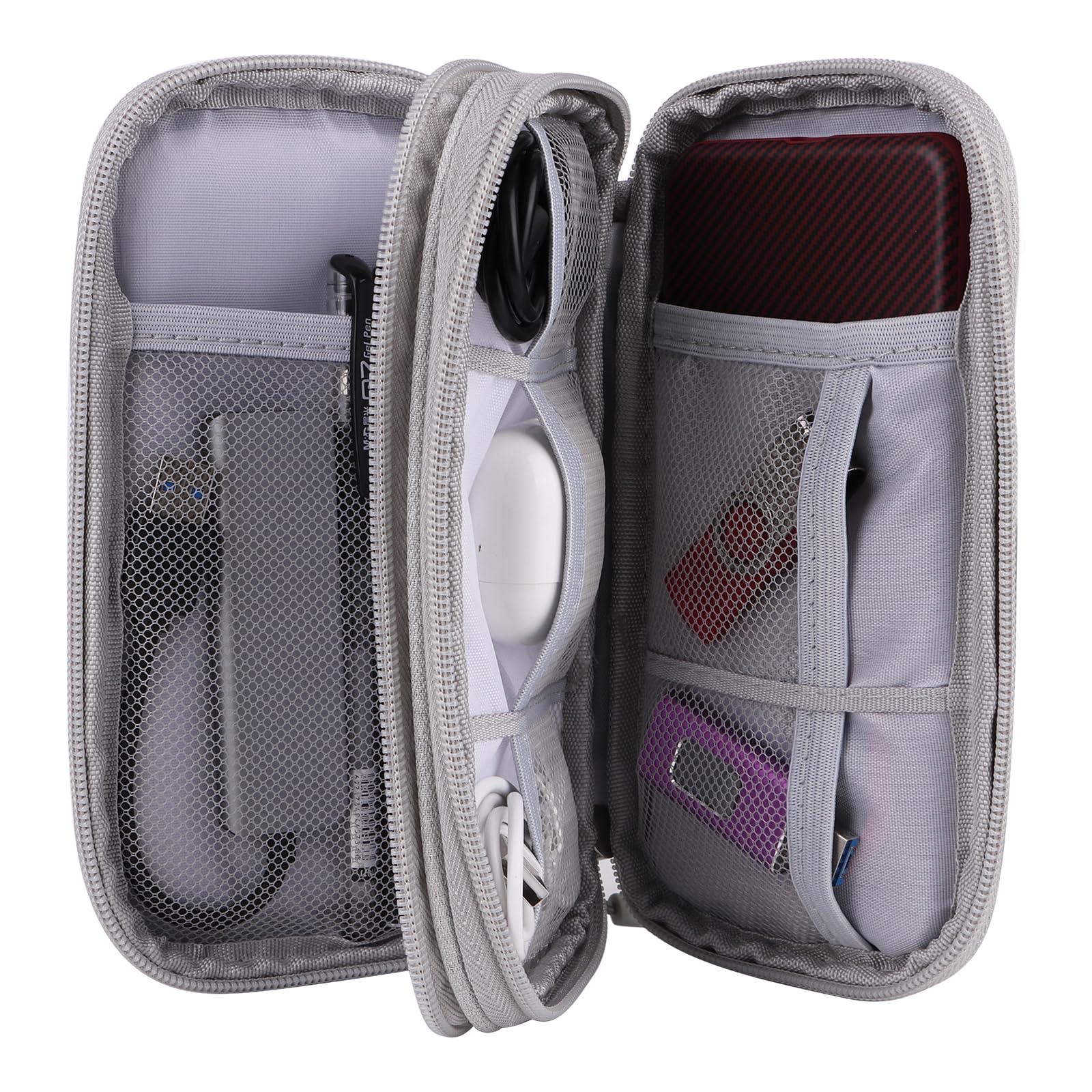 JIAKAI Double Layer Grey Travel Cable Organizer Bag - Universal Electronics Accessories Storage for Chargers, Phones & Cables - Perfect for Business Trips, Vacations & Daily Commute