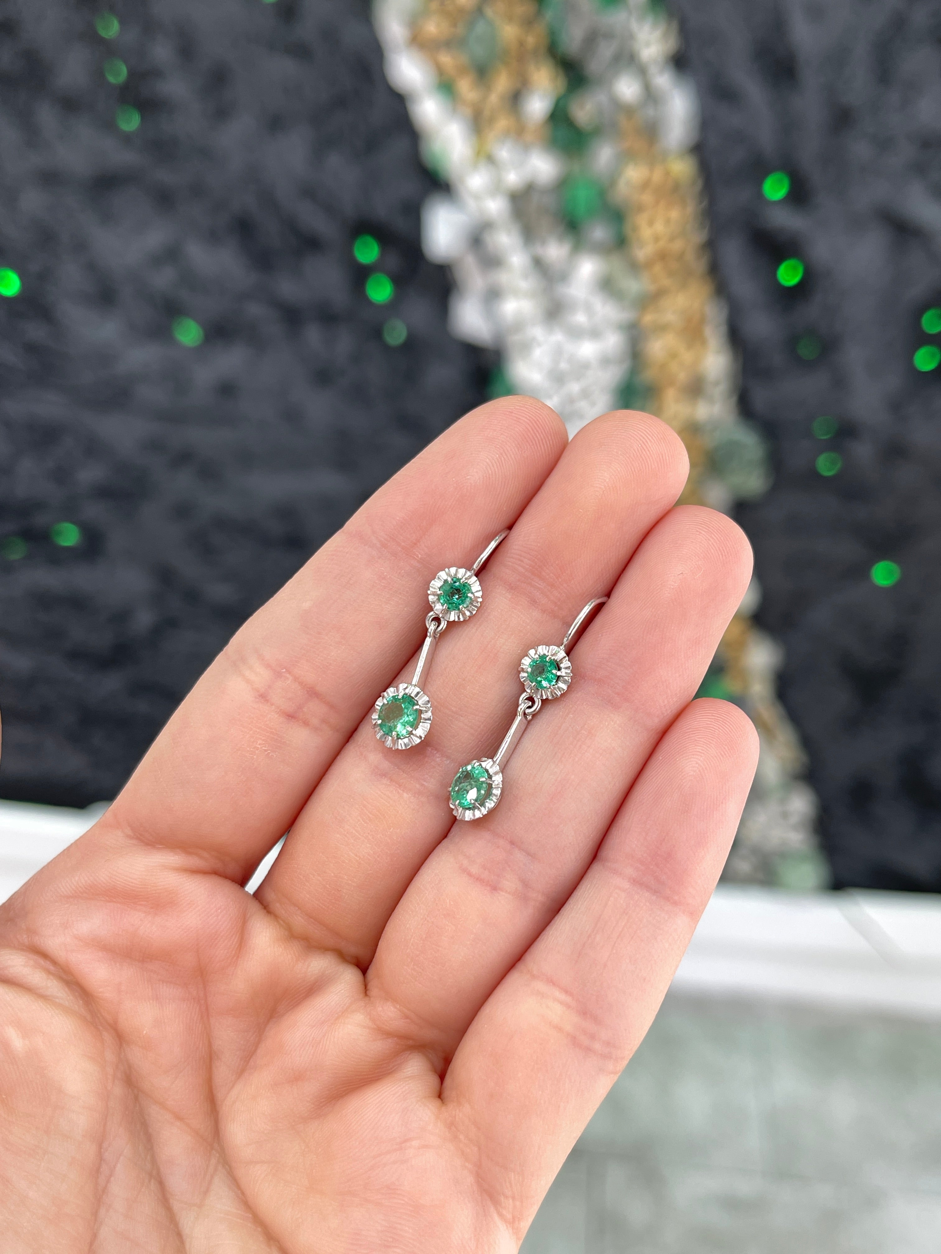 Natural Round Emerald Dangle Earrings - 14K White Gold Buttercup Setting, 31mm Leverback Drop Earrings for Women | Perfect for Weddings, Parties & Special Occasions