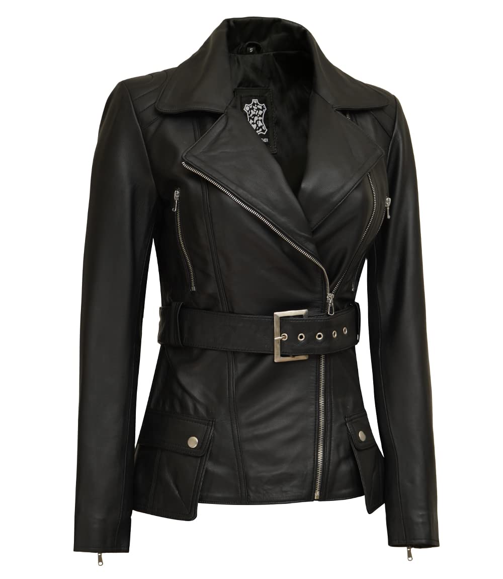 Genuine Lambskin Leather Motorcycle Jacket for Women - Stylish Long Leather Coat with Zipper - Perfect for Riding, Biker Fashion & Casual Outfits