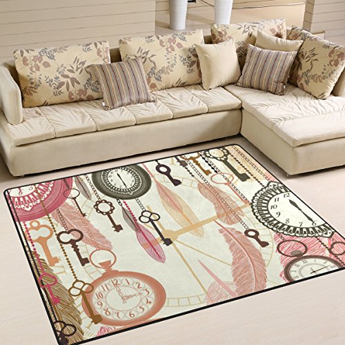 ALAZA Vintage Pocket Watch & Feather Design Kids Area Rug - Non-Slip Industrial Style Floor Mat for Living Room, Dining Room, Bedroom - Soft 5' x 7' Play Mat | Perfect for Nursery Decor, Playroom Flooring & Cozy Home Accents