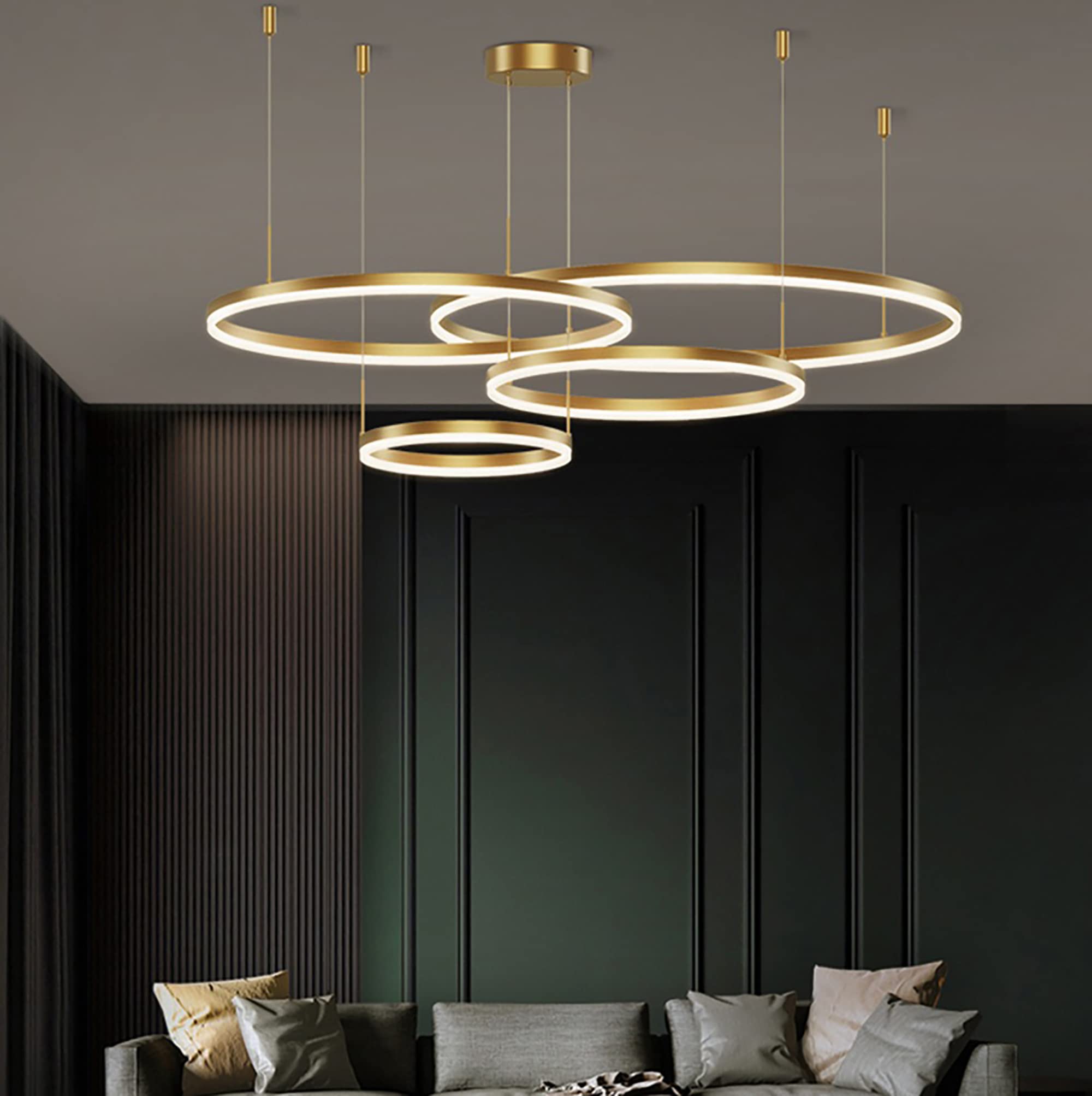 Gold Ring Chandelier LED Ceiling Light - Dimmable Geometric Circle Pendant Lighting Fixture for Living Room, Dining Room, Bedroom (20/40/60/80cm) | Modern Home Decor & Wedding Venue Lighting