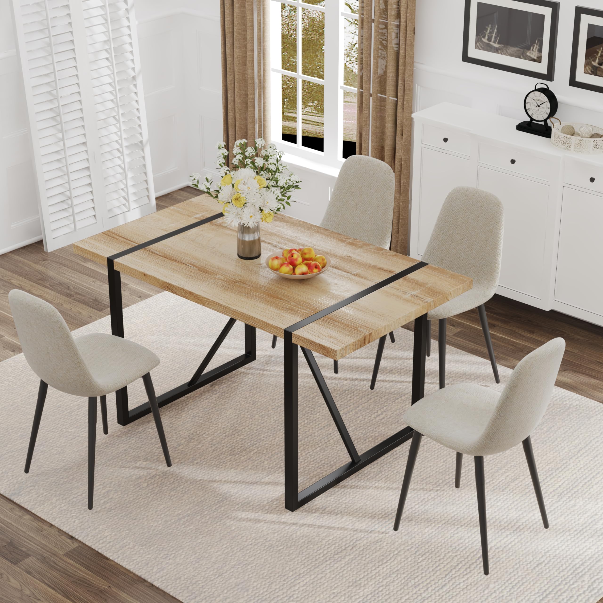 5-Piece Modern Wooden Dining Table Set with Fabric Chairs for 4 - Rectangle Kitchen Table & 4 Seater Dining Chairs - Perfect for Small Spaces, Apartments & Family Meals