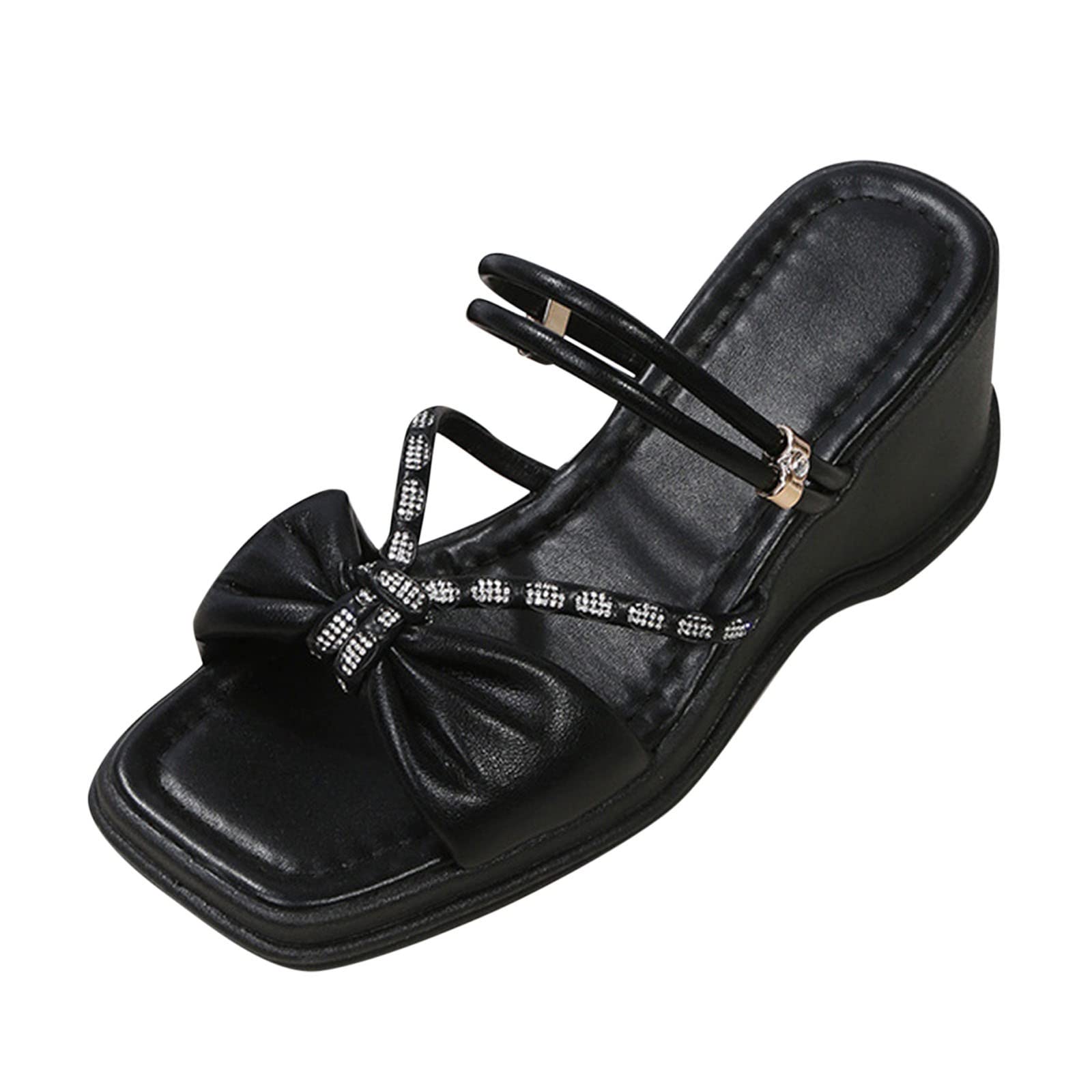 Stylish Women's Rhinestone Bow Wedge Sandals - Comfortable Open Toe Thick Sole Summer Shoes for Beach, Party & Casual Wear