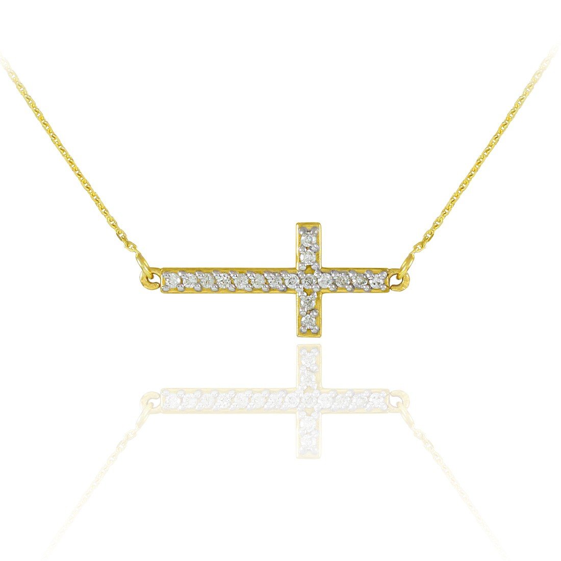 14K Yellow Gold CZ Sideways Cross Pendant Necklace - 18 Inch Chain - Elegant & Stylish Jewelry for Women - Perfect for Gifts, Parties, and Everyday Wear