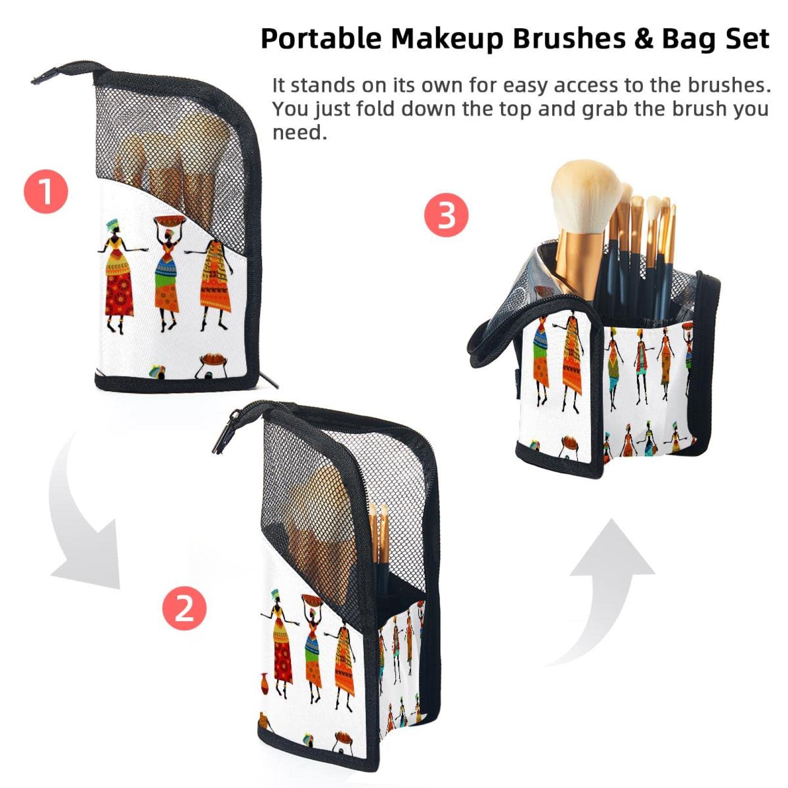 African Print Makeup Brush Organizer Bag with 12 Slots - Portable Cosmetic Brush Holder Case for Travel & Home Storage - Traditional Ethnic Women's Makeup Accessories Set for Professional Artists & Beginners